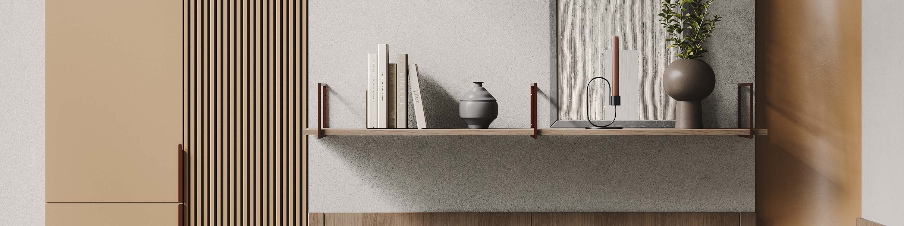 Custom wood wall shelves in white oak with powder-coated steel brackets, styled in a modern living room for functional, design-forward storage.