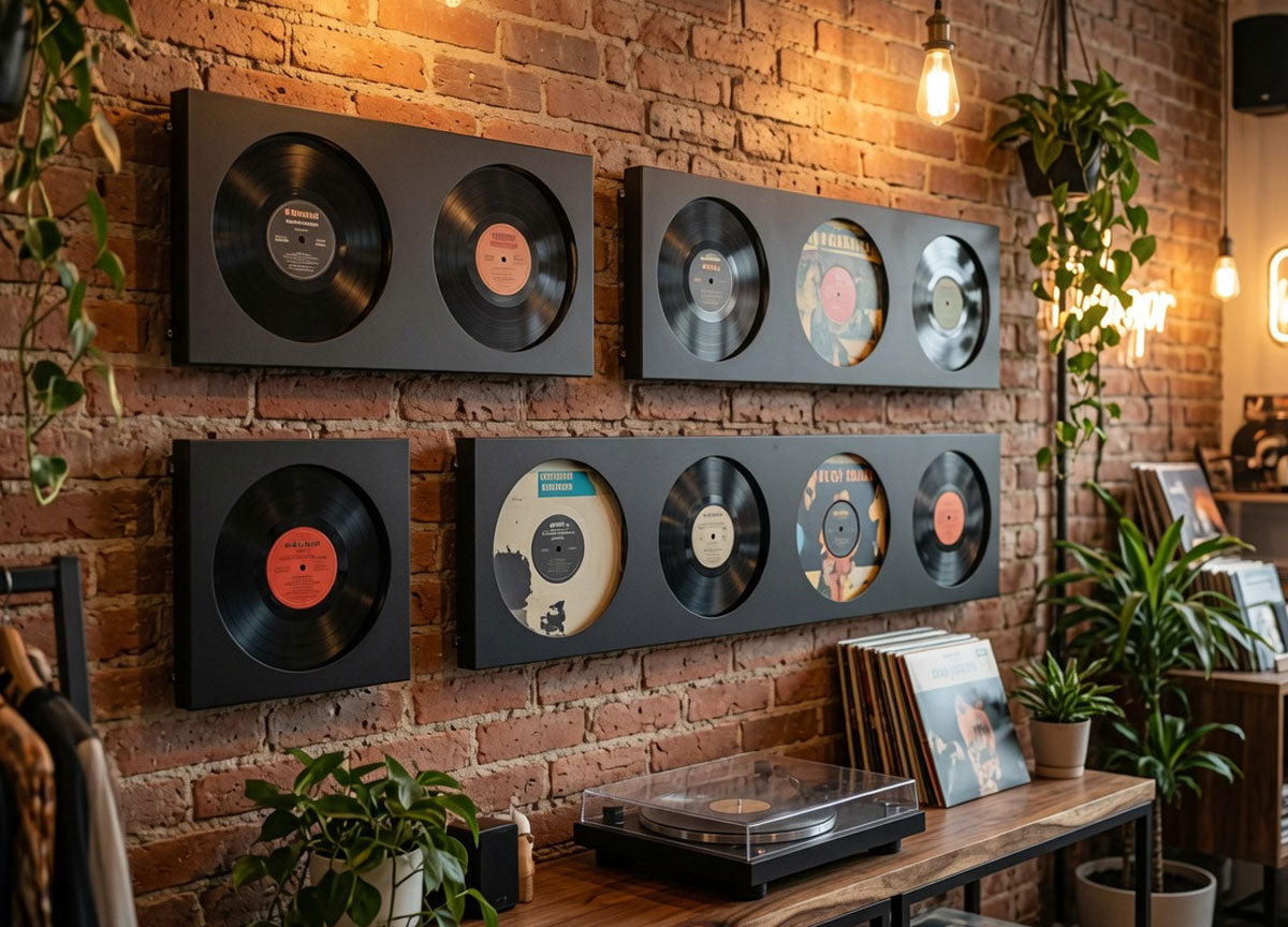 Wall-mounted wooden display ledges holding vintage vinyl records on a brick wall above a table with a record player and plants in a cozy room.