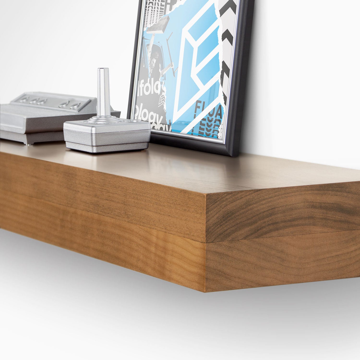 Glenn Nutmeg Floating Mantel wood shelf with metal decor and framed art in minimalist modern wall display