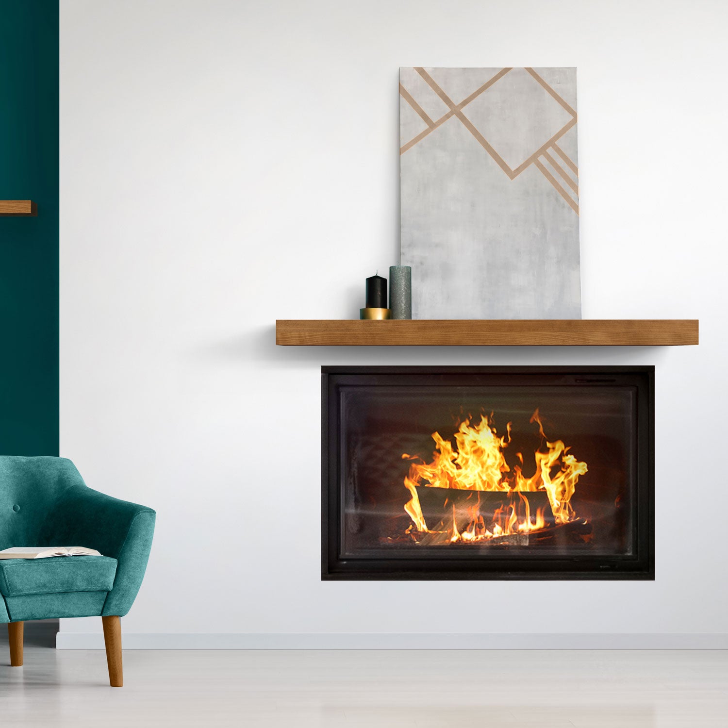 Modern living room with a burning fireplace featuring the Glenn Nutmeg Floating Mantel and minimalist decor.