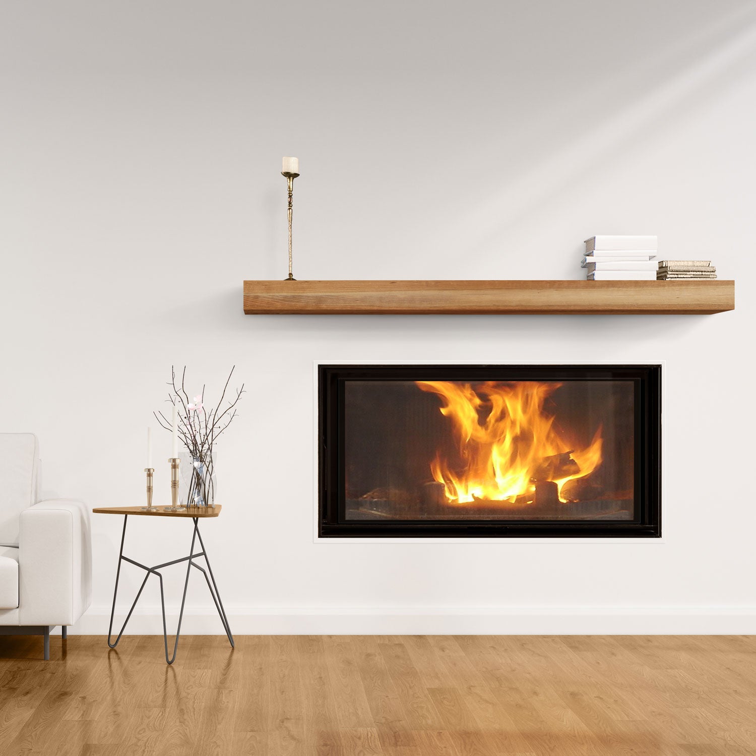 Glenn Cherry Floating Mantel above fireplace with minimalist decor, showcasing wood floating shelf and modern warm living space.