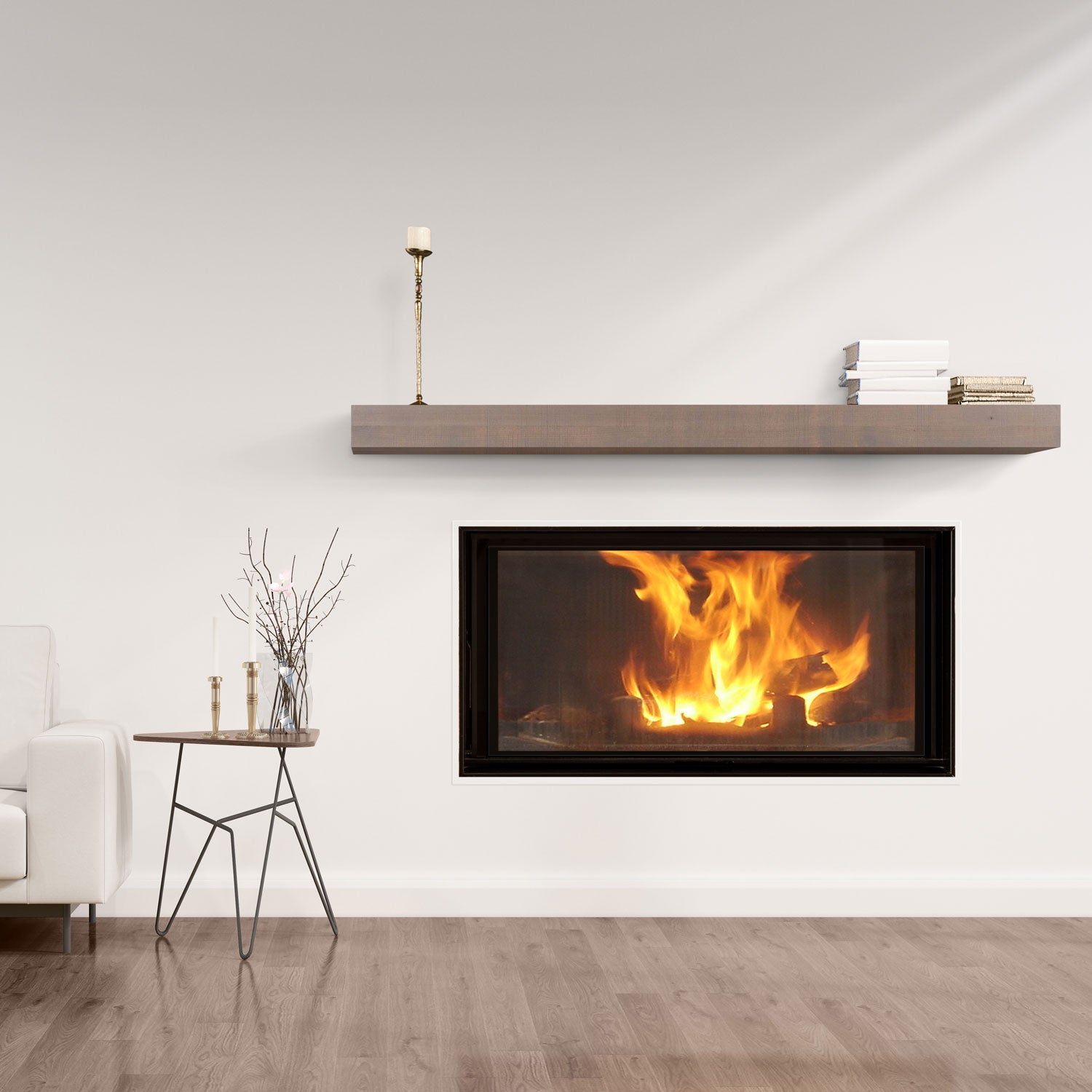 Glenn Hatch Grey Rustic Floating Mantel above modern fireplace with minimalist decor in cozy living room setting