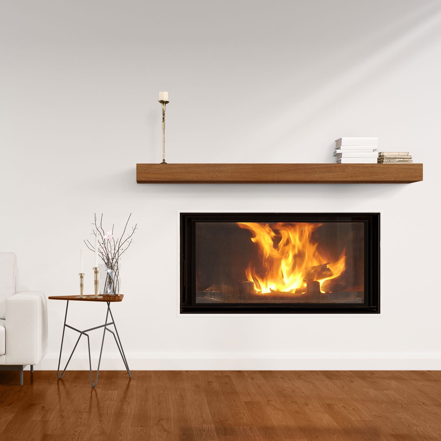 Glenn Mahogany Floating Mantel above modern fireplace with minimalist decor and hardwood floor in living room setting
