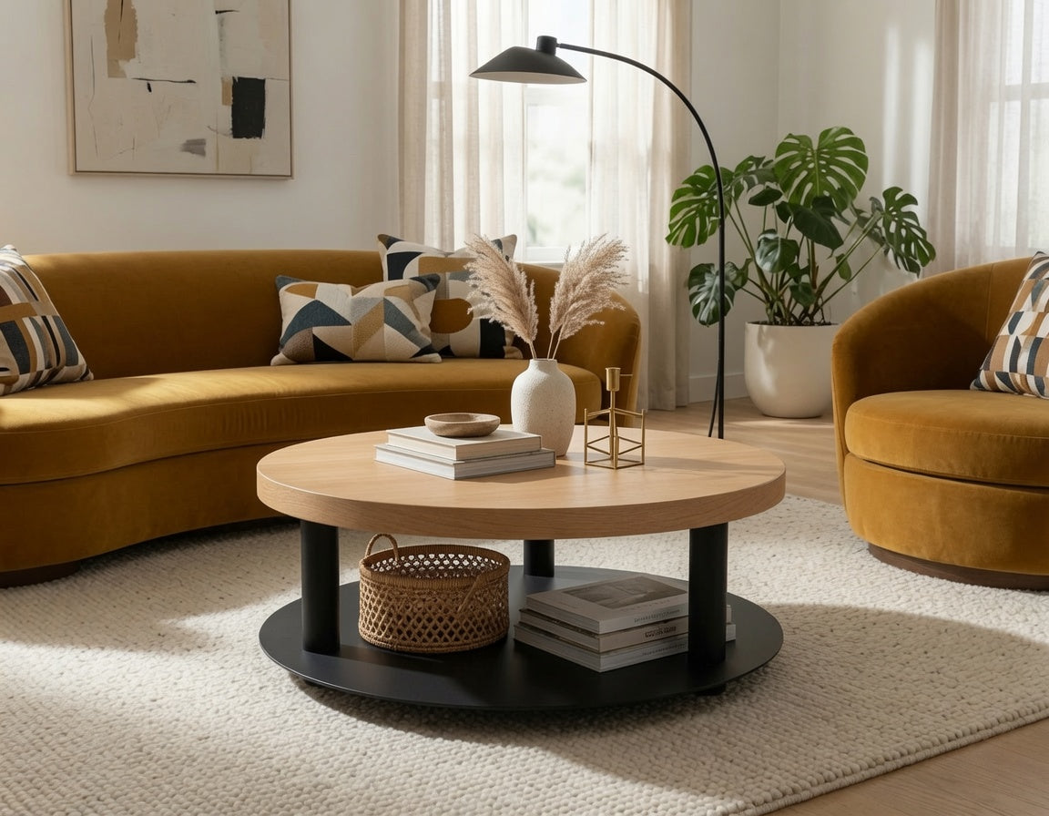 Ledger Coffee Table with solid hardwood top and black metal base, styled with decorative books, vase, and candle in a cozy living room setting