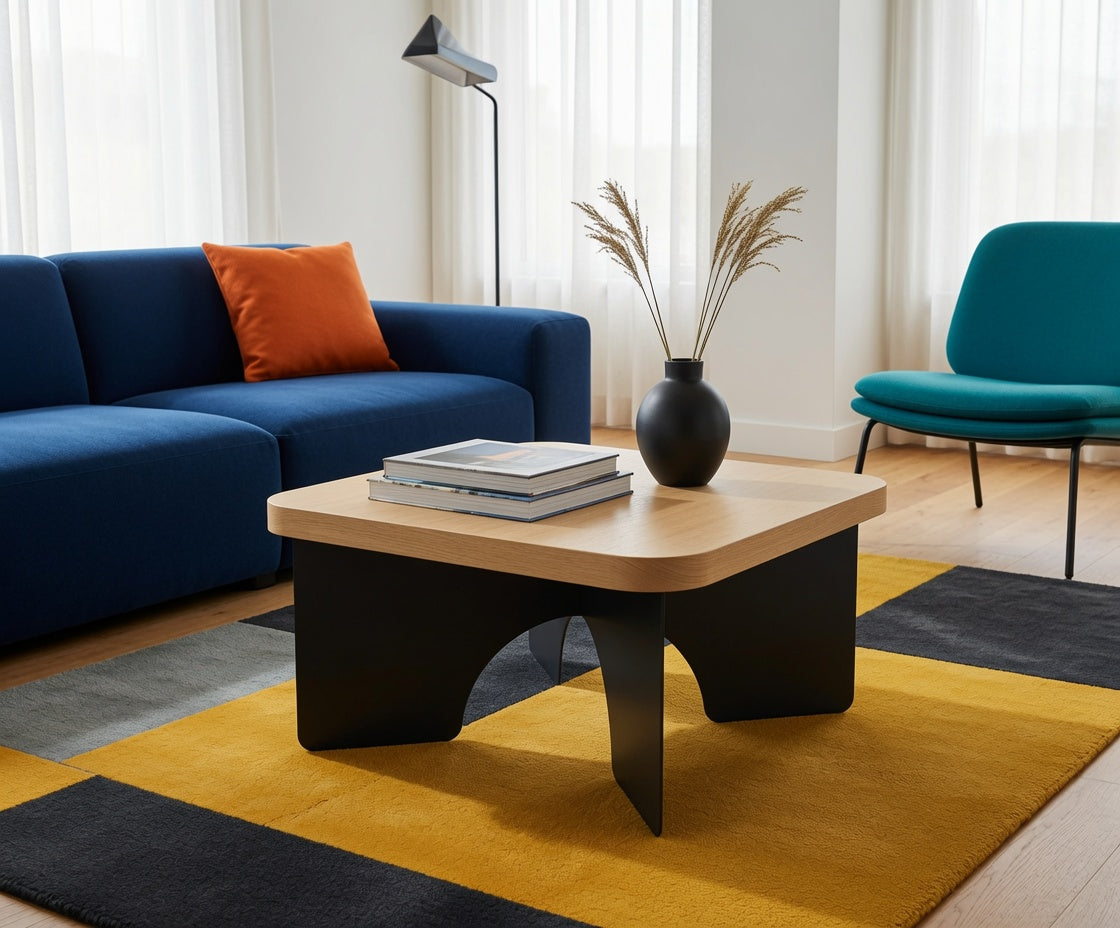 Porter Coffee Table with mixed wood and black steel base in a modern living room, styled with books and a black vase on a yellow and gray rug.