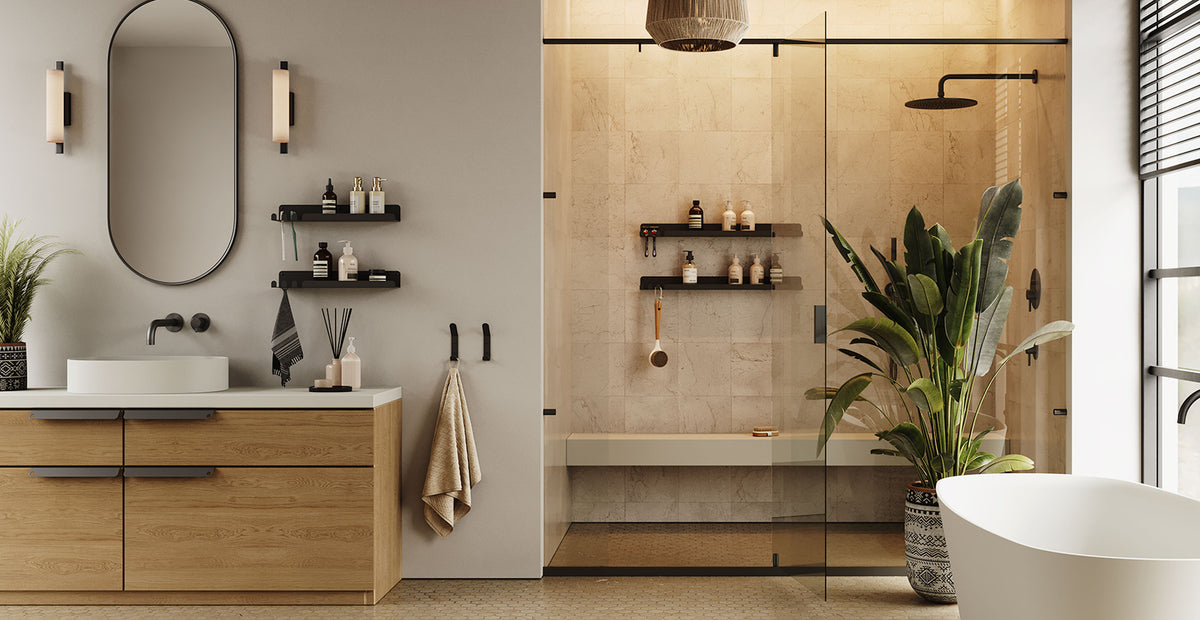 Minimalist bathroom with wood floating vanity, oval mirror, black metal floating shelves, glass shower, and potted plants