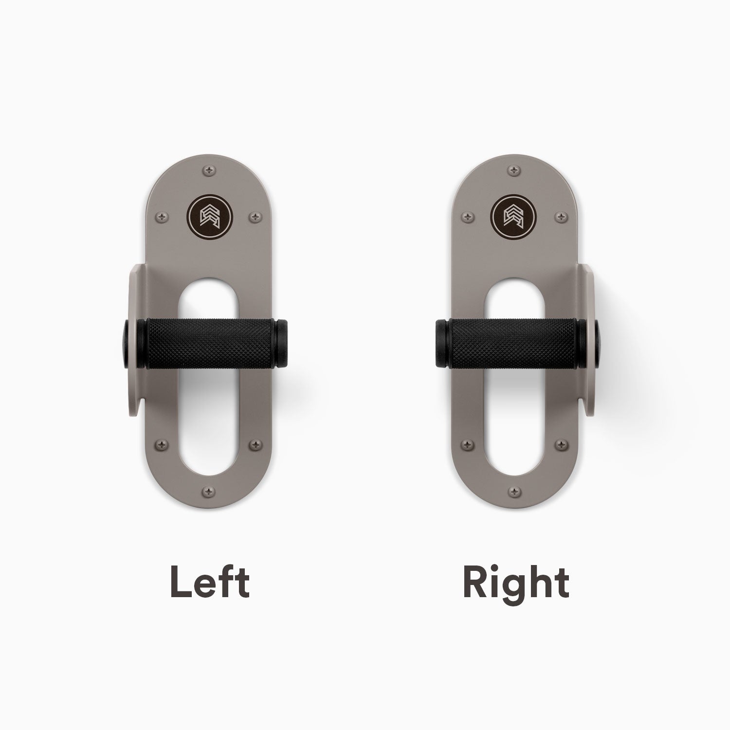 Two Spoke Bike Hangers _ arsenic color, Right and left orientation. Modern wall or ceiling-mounted bike hanger by Shelfology, USA-made powder coated steel. writtne description of "right" or "left" below each hanger
