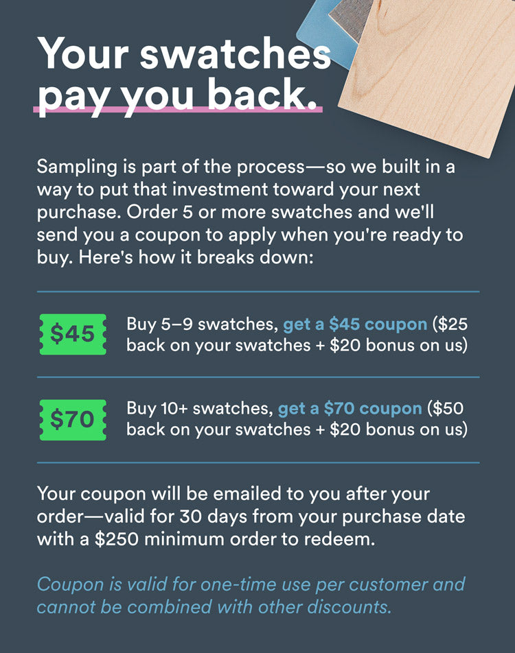 Graphic with light wood and blue-gray swatches in top corner, featuring text explaining coupon rewards for ordering five or more samples.