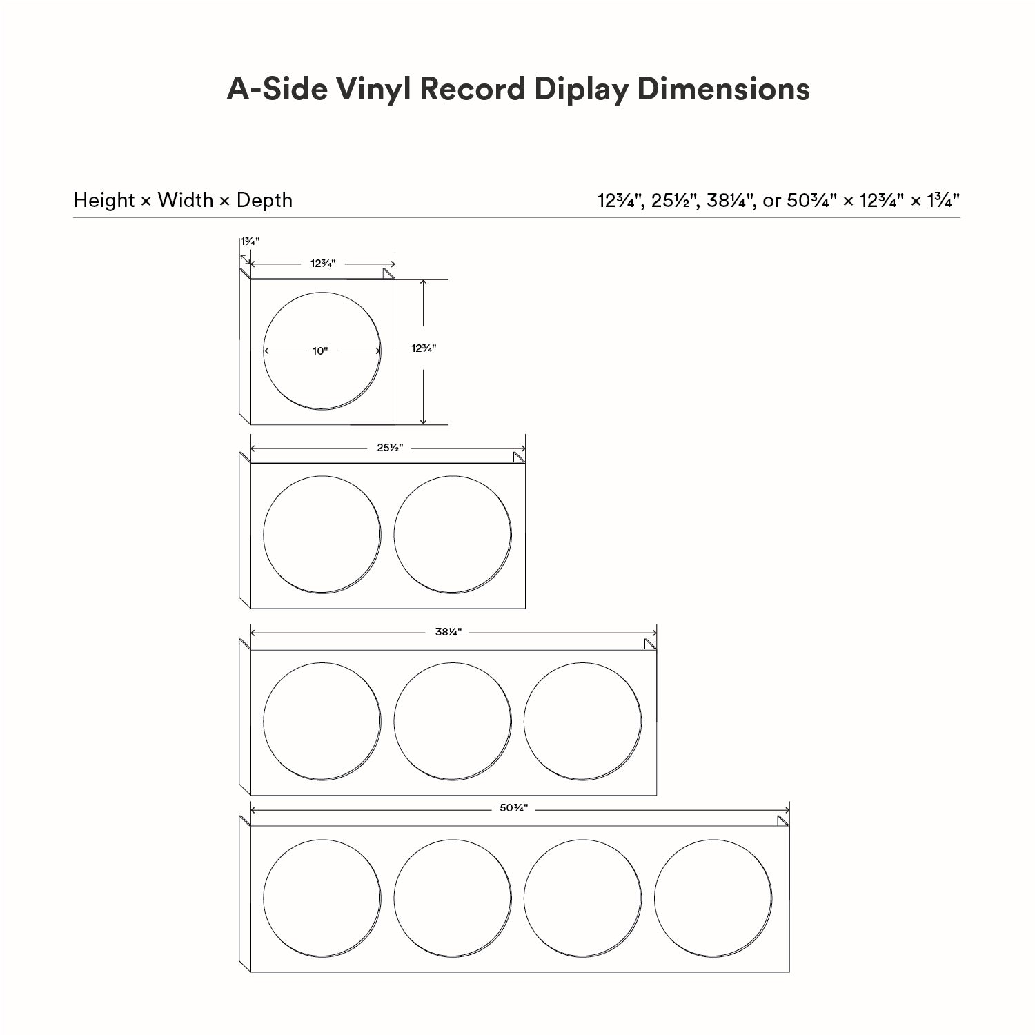 Diagram showing dimensions in inches for the A-Side Vinyl Record Display in four sizes, illustrating height, width, and depth measurements for wall-mounted record display ledges.
