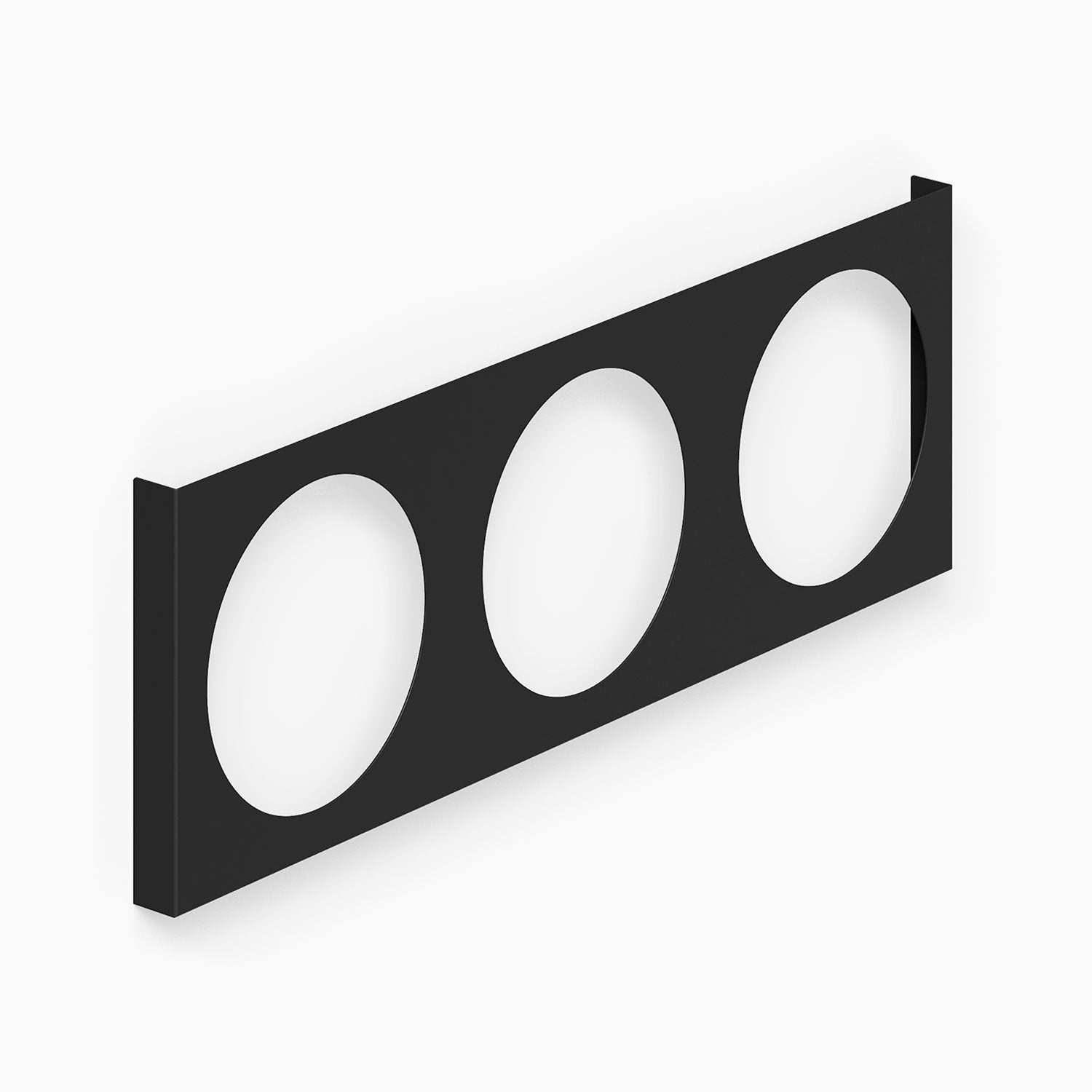 A sleek black metal wall-mounted A-Side Vinyl Record Display with three circular cutouts for showcasing records, combining minimalist design and durable materials.