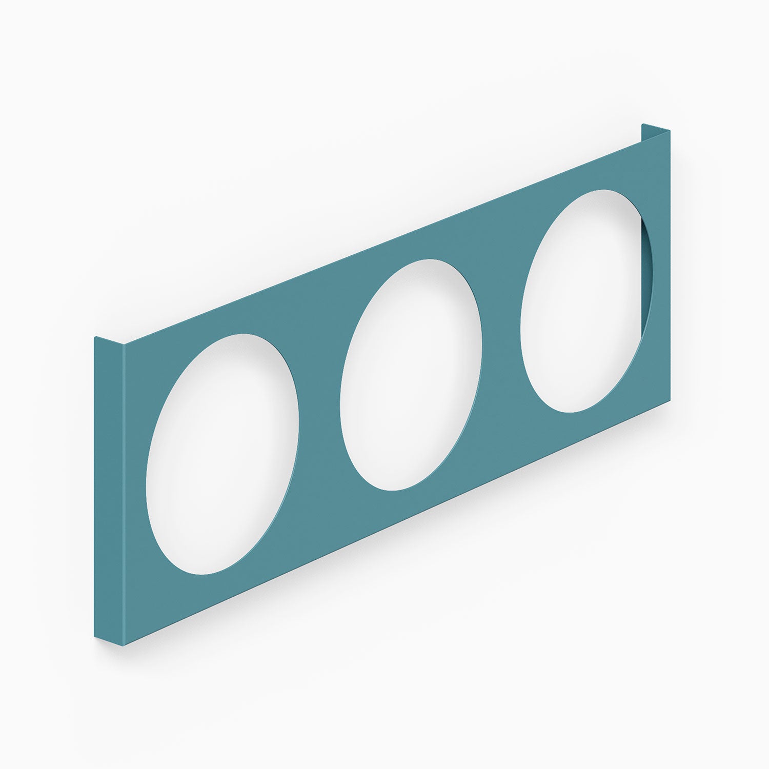 A minimalist teal metal wall-mounted rack designed to hold three records, showcasing the A-Side Vinyl Record Display with clean lines and durable construction.