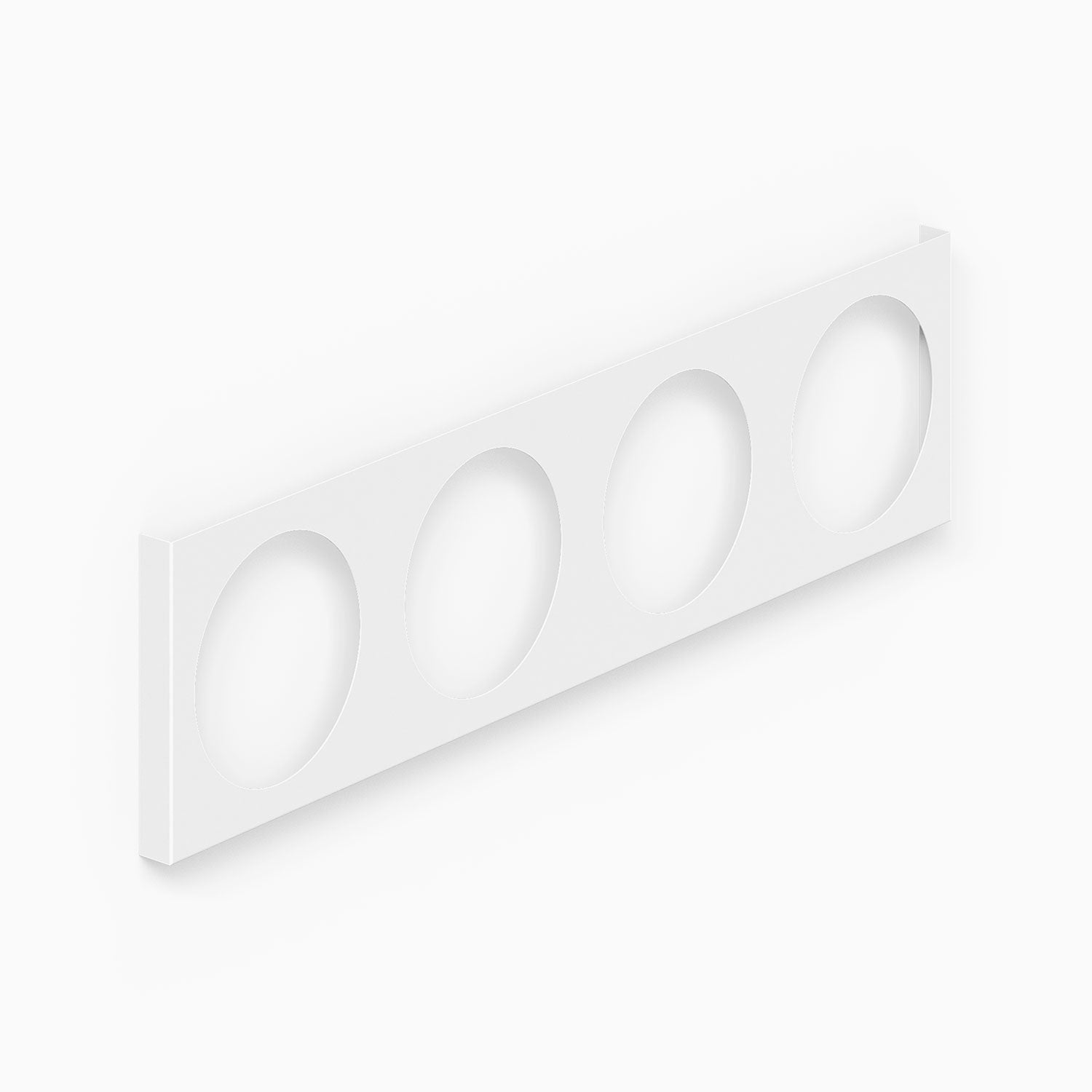 A minimalist white A-Side Vinyl Record Display designed to hold four records, showcasing a functional and American-made wall organization solution.