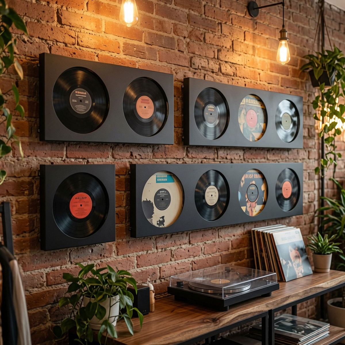 Vinyl records displayed on a brick wall above a wood console with a turntable plants and warm pendant lighting