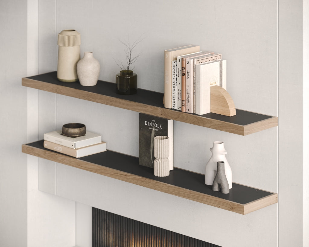 Clearance — Aksel RADius Walnut Shelf — 28" length x 8" depth x 1.75" thick floating shelf with walnut frame and black display surface