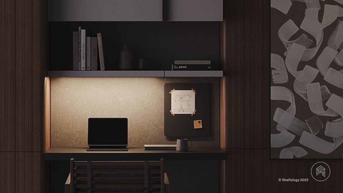Modern home office floating shelf system with built-in LED strip