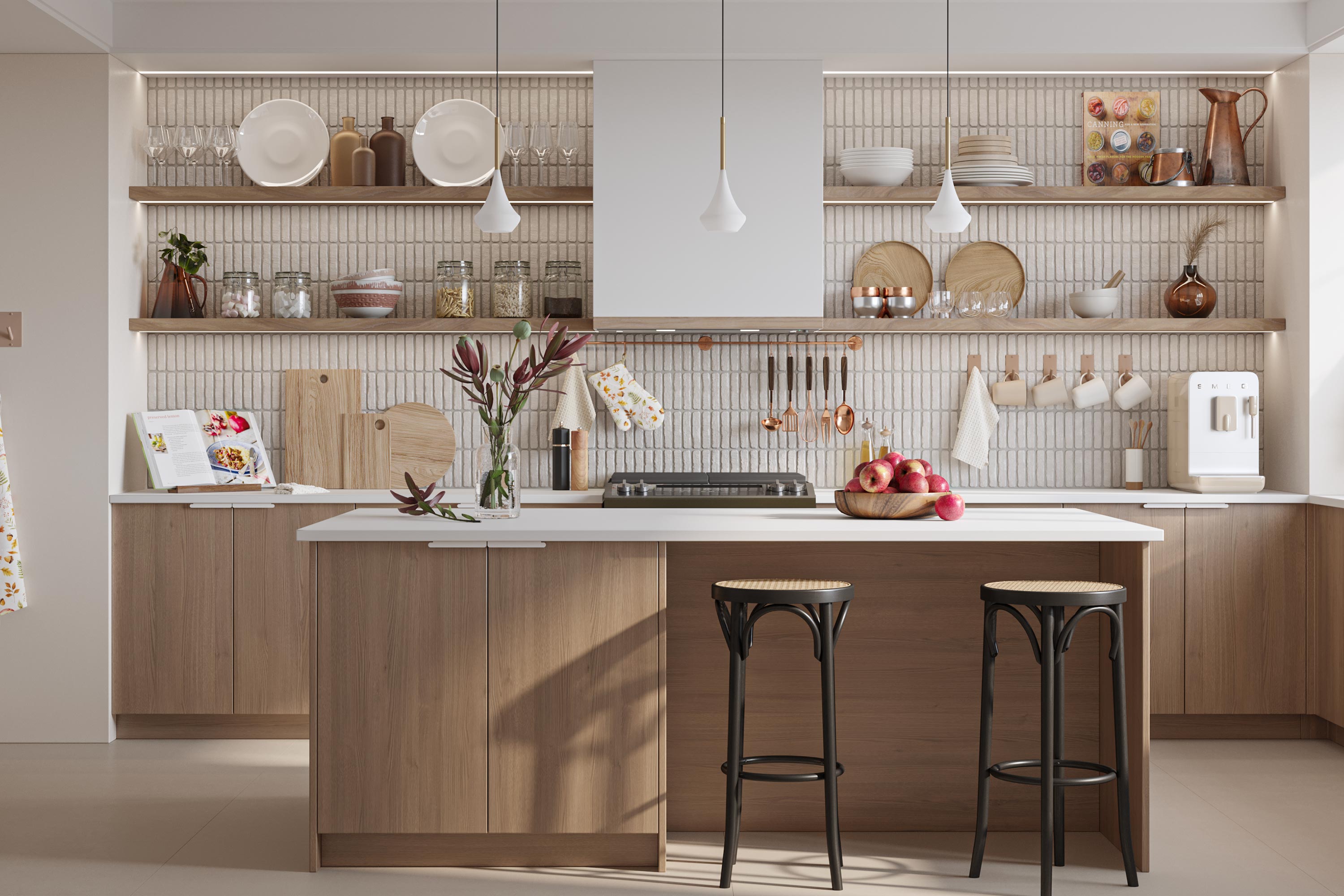 Modern kitchen with Aksel LED floating shelves in light wood, styled with dinnerware, glassware, jars, and decor, illuminated by integrated lighting for a clean, minimal design aesthetic.