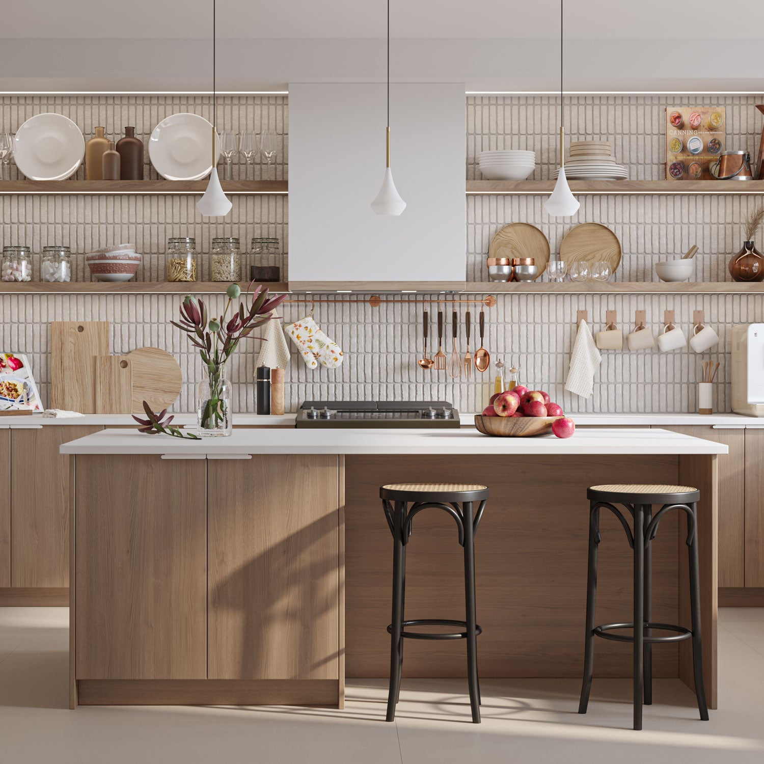 LED floating shelf with hidden bracket system in a kitchen