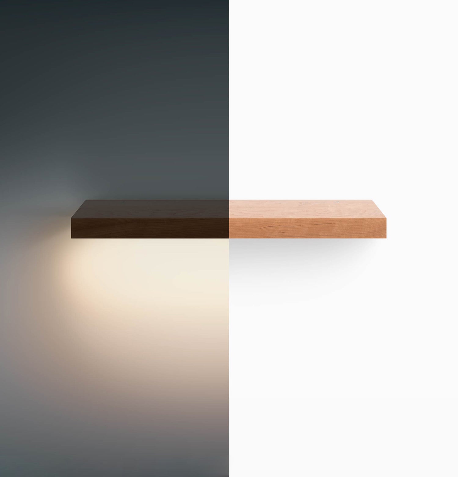 Front view of cherry floating shelf with integrated LED lighting, solid wood construction, and clear finish