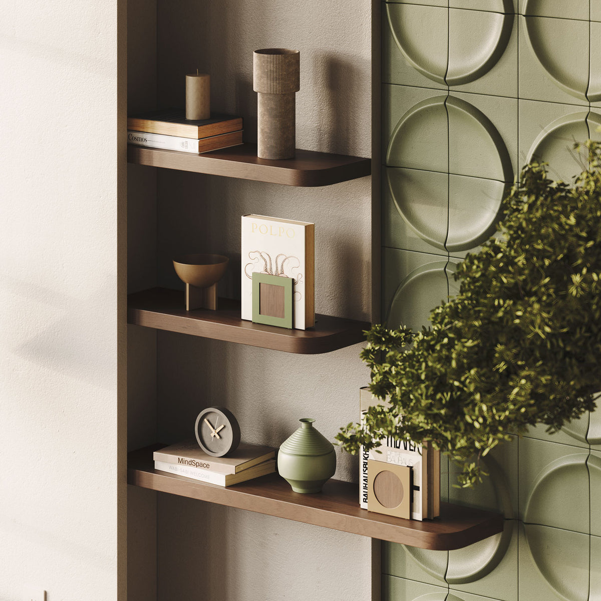 Three smooth dark wood floating shelves with rounded edges arranged vertically beside textured olive green wall panels and greenery