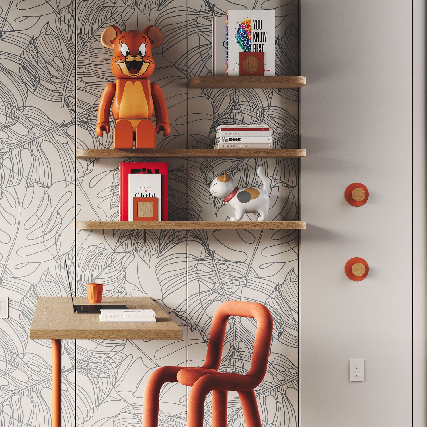 Runda Coat Rack 1 with white oak center and round orange metal base for functional wall hooks and hangers in a modern kids study space