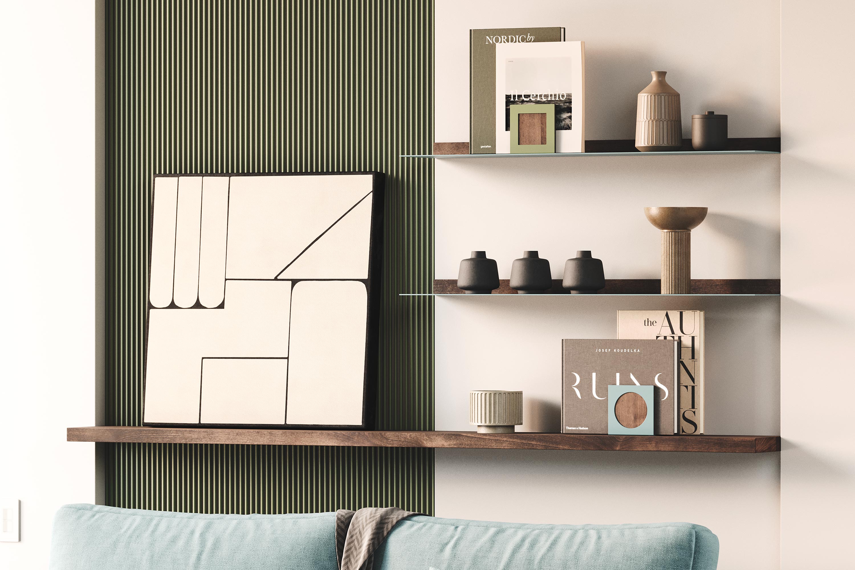 Steel floating shelves with decorative items and art displayed on a wall with green finished wall panel.