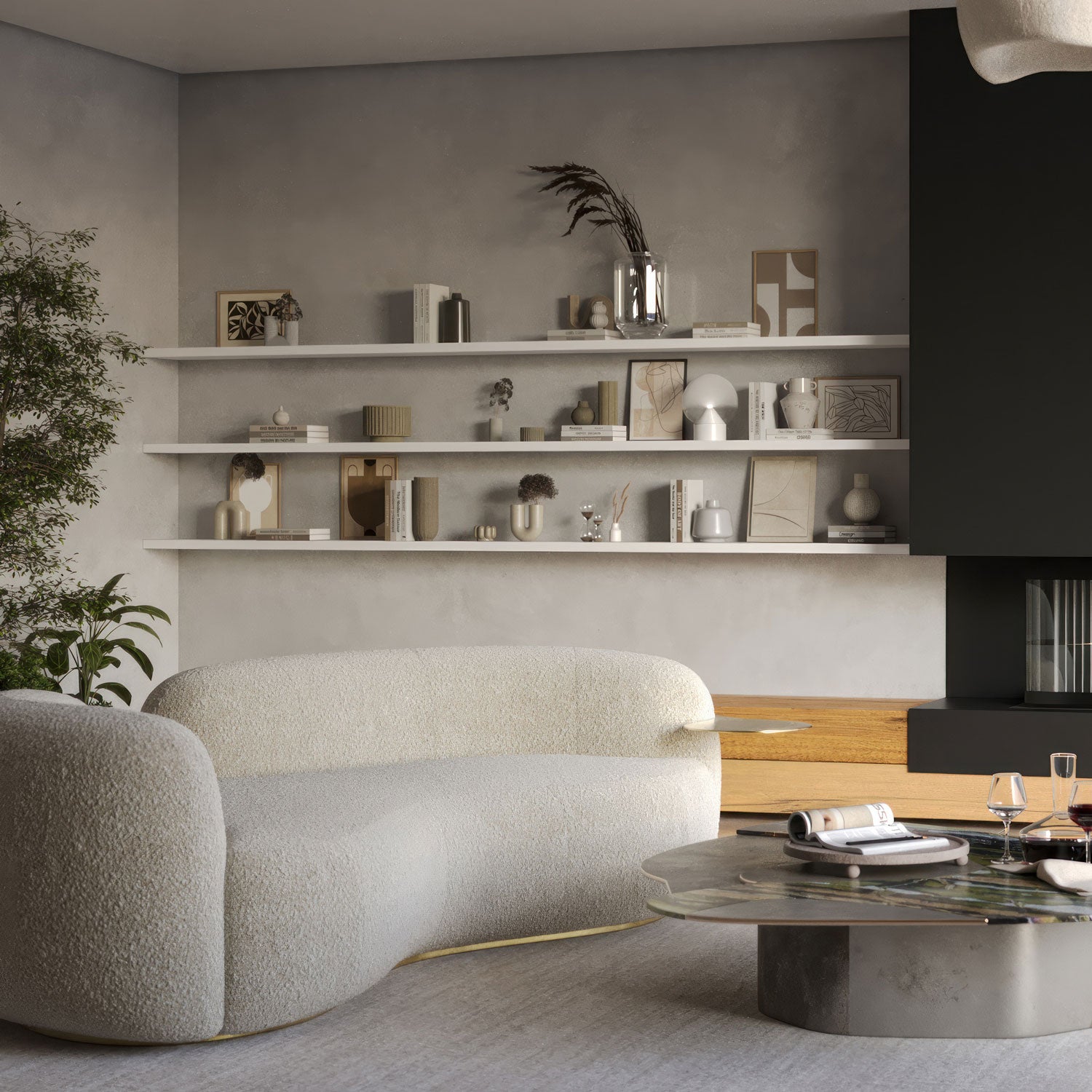 White floating shelves in a modern living room, styled with books, ceramics, and framed art. Wall-mounted shelves with hidden brackets for a clean, minimalist look.