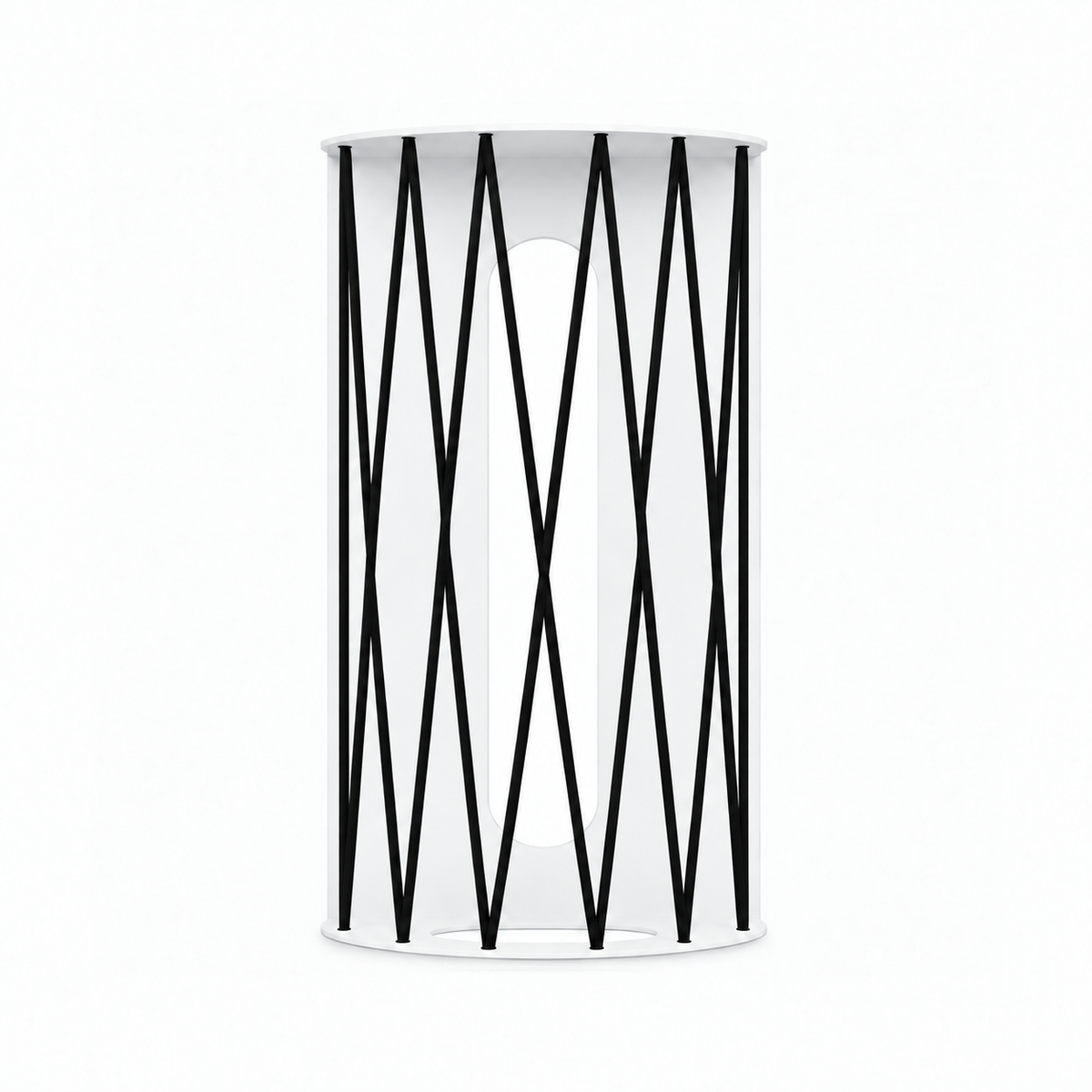 Ball Hog Basketball Shelf white cylindrical basketball display holder with black geometric metal supports