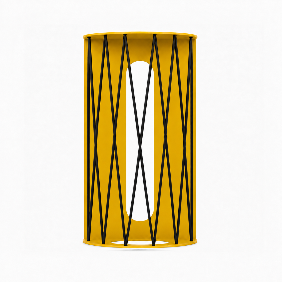 Ball Hog Basketball Shelf in yellow metal with black geometric supports for stylish basketball display and wall organization