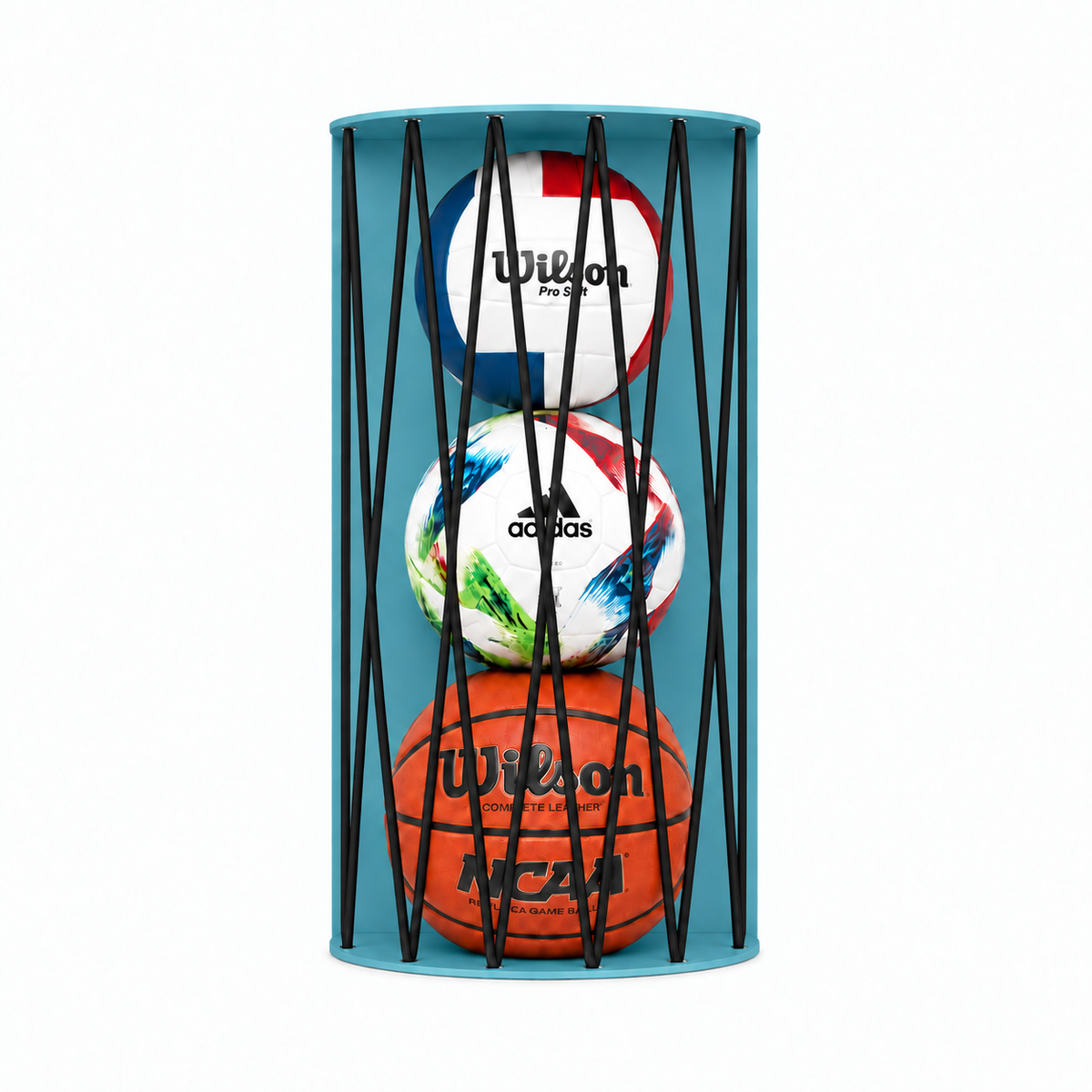 Ball Hog Basketball Shelf in teal metal holding three basketballs for organized wall display and sports decor