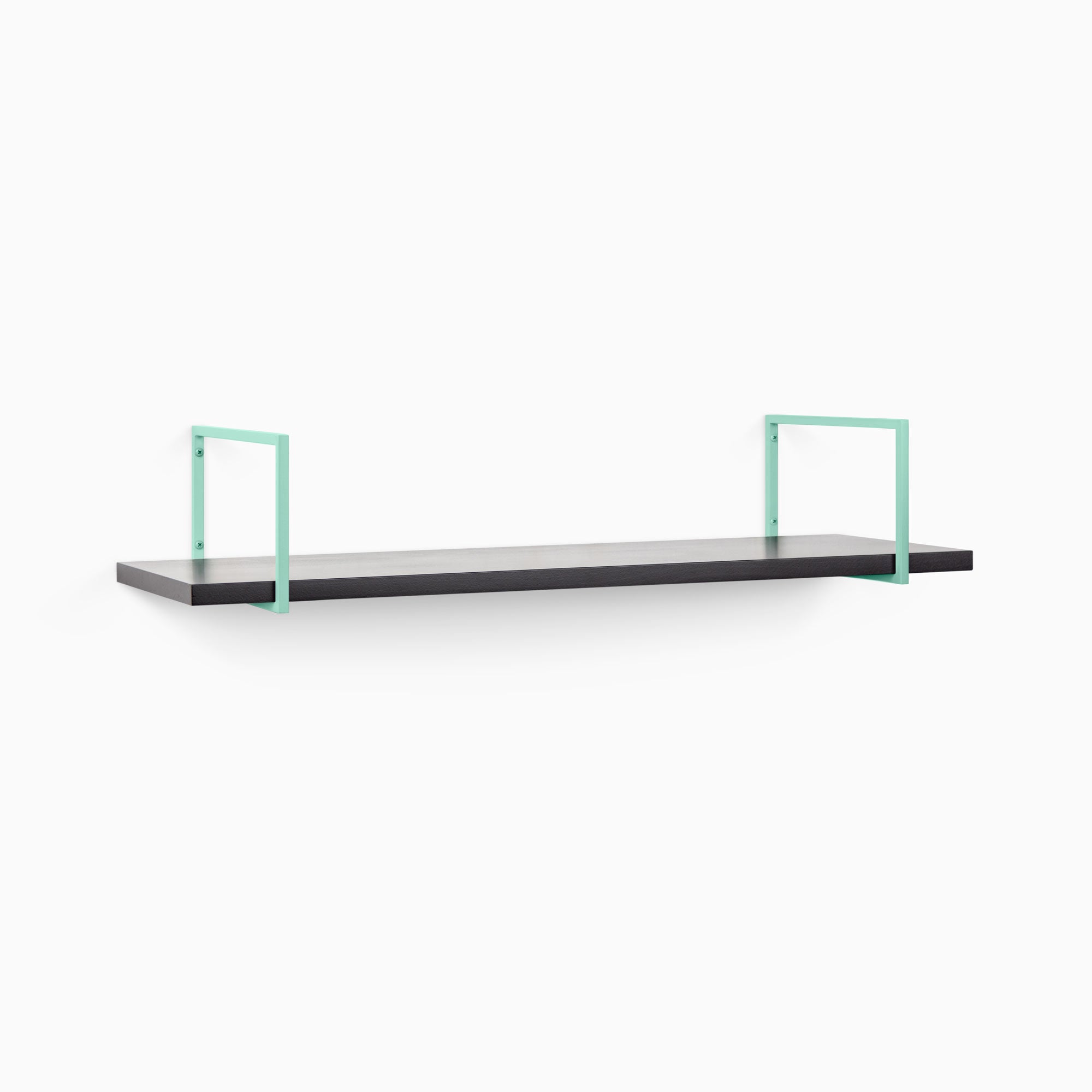 Bart Black Wall Shelf with smooth black surface and mint green metal floating shelf brackets for stylish wall organization