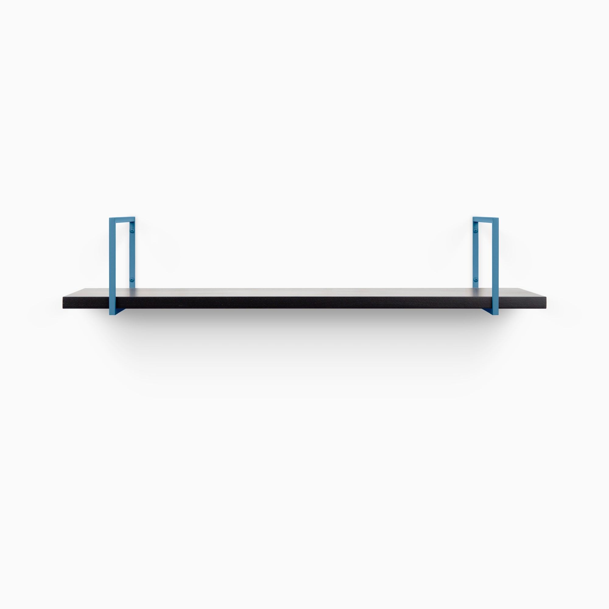 Bart Black Wall Shelf with smooth black surface and minimalist blue metal floating shelf brackets for functional wall display