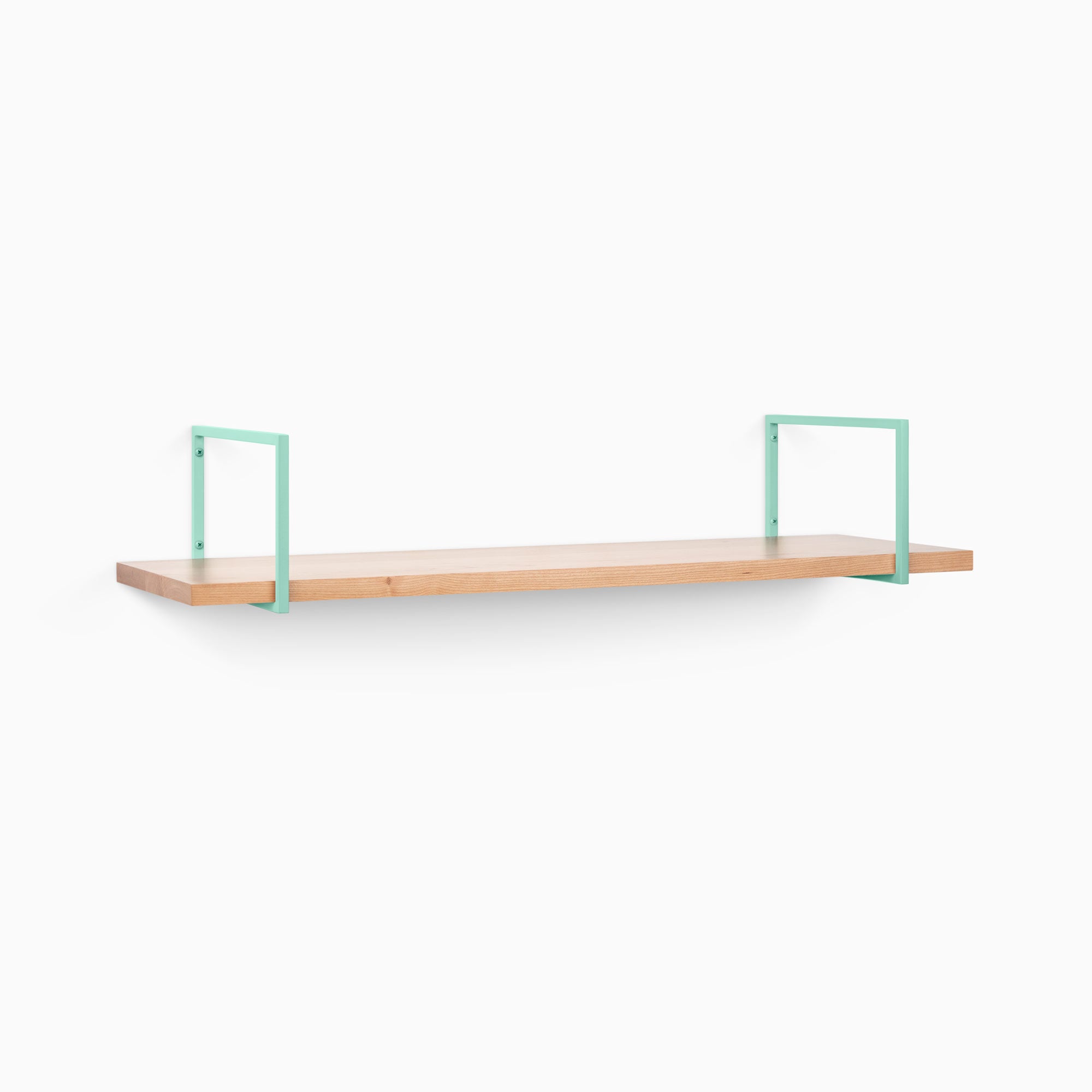 Bart Cherry Wall Shelf with natural cherry wood and mint green metal floating shelf brackets for modern wall display and organization