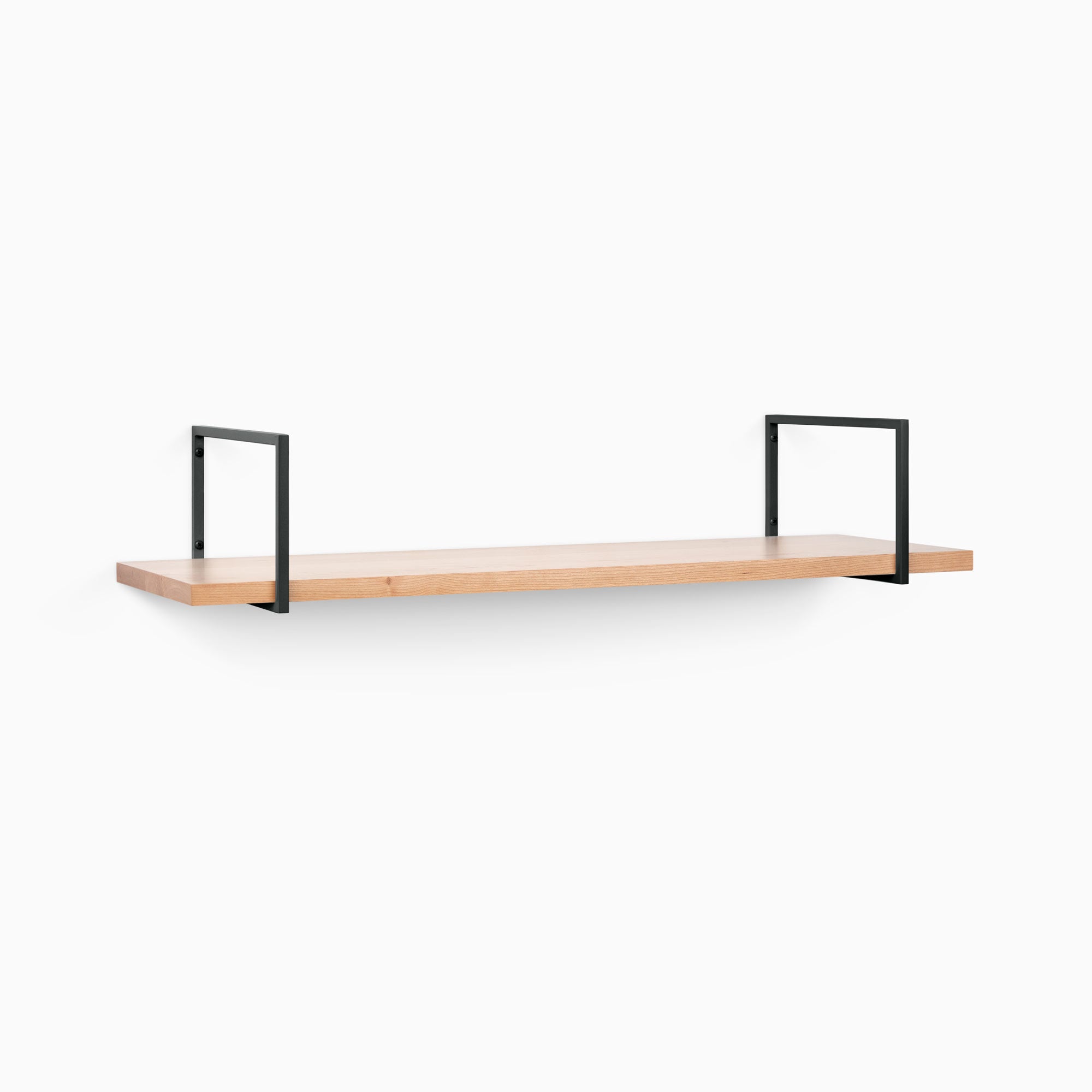 Bart Cherry Wall Shelf with warm cherry wood and matte black metal floating shelf brackets for modern wall display and storage