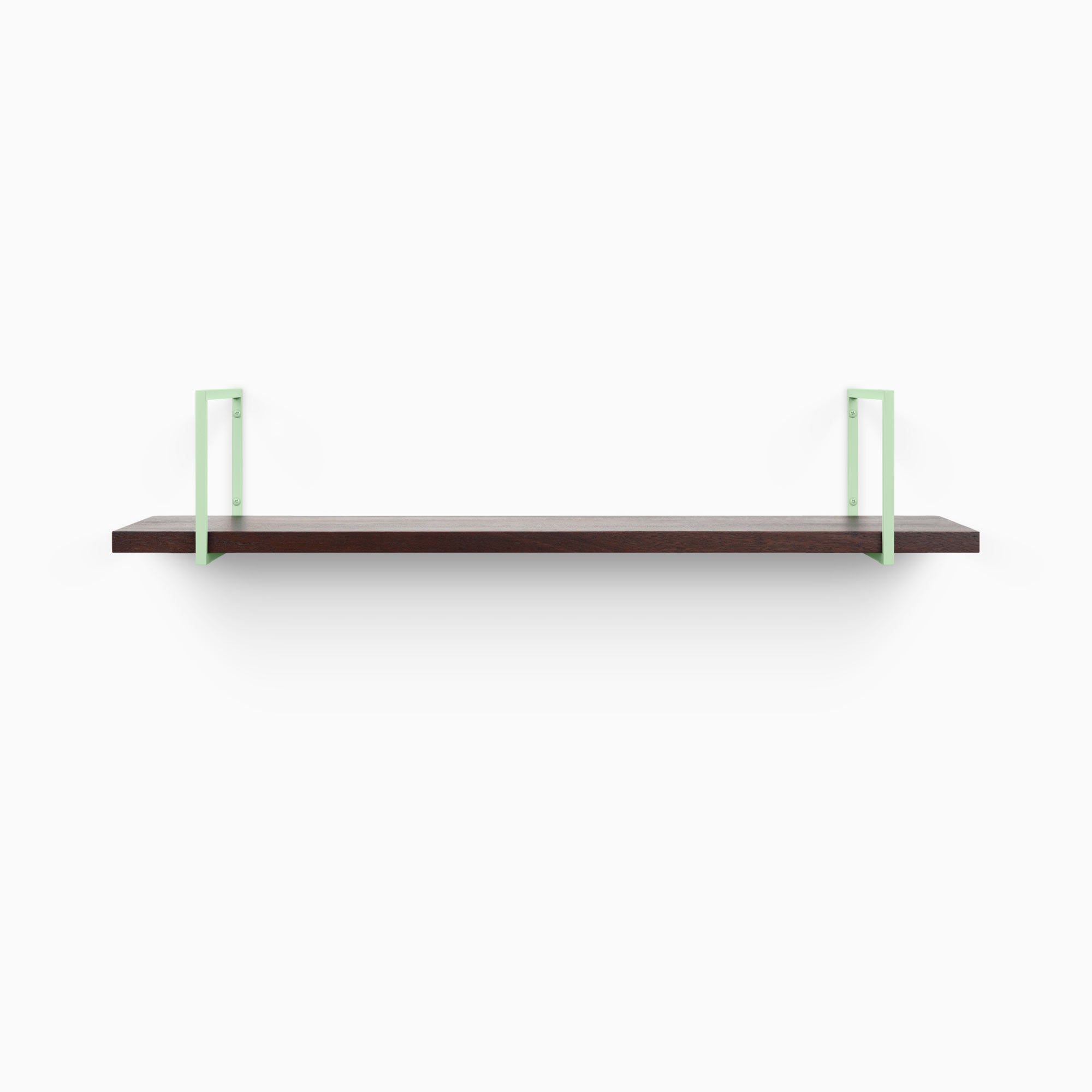 Bart Dutch Mocha Wall Shelf with smooth mocha wood and minimalist mint green metal floating shelf brackets for sleek wall display
