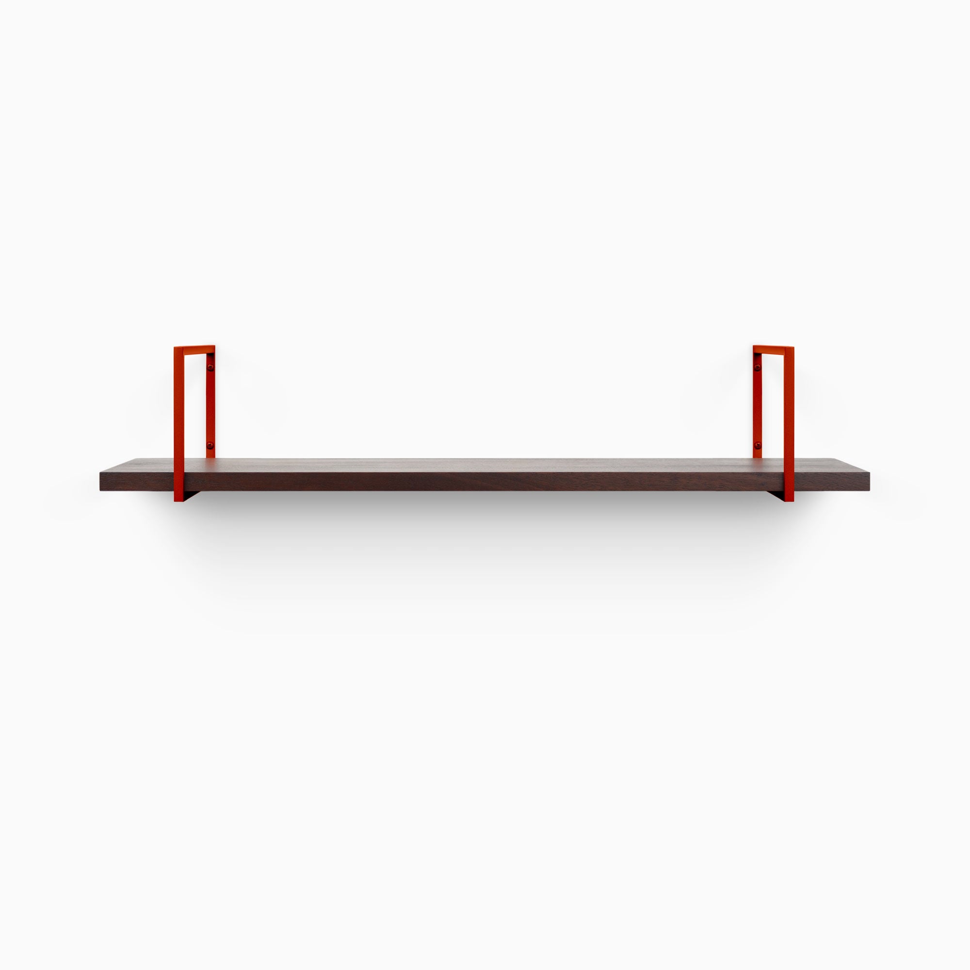Bart Dutch Mocha Wall Shelf with smooth mocha wood and bold red metal floating shelf brackets for stylish wall organization