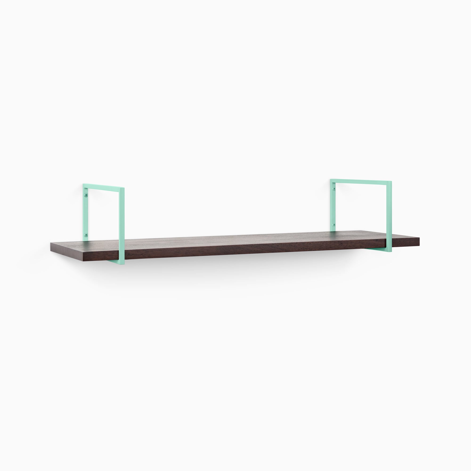 Bart Dutch Mocha Wall Shelf featuring rich mocha wood and minimalist mint green metal floating shelf brackets for versatile wall display