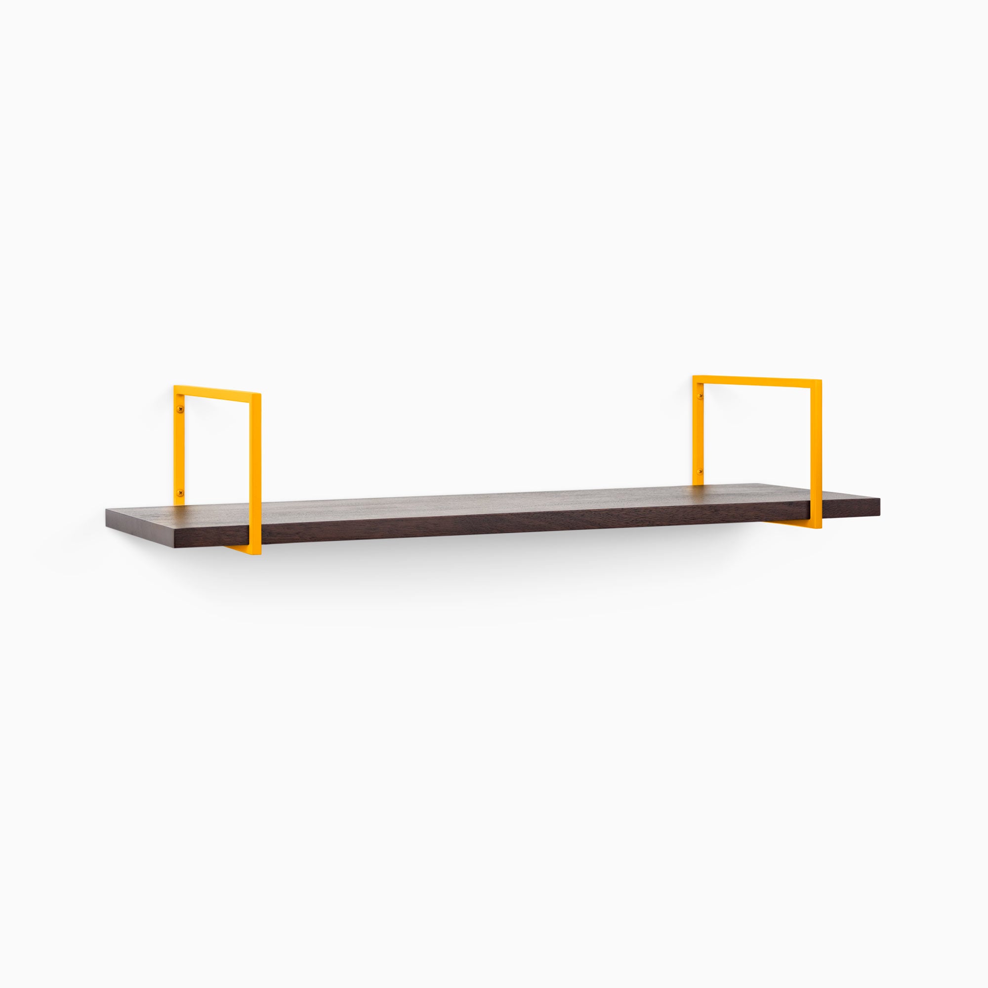 Bart Dutch Mocha Wall Shelf with rich mocha wood and bold yellow metal floating shelf brackets for vibrant wall display