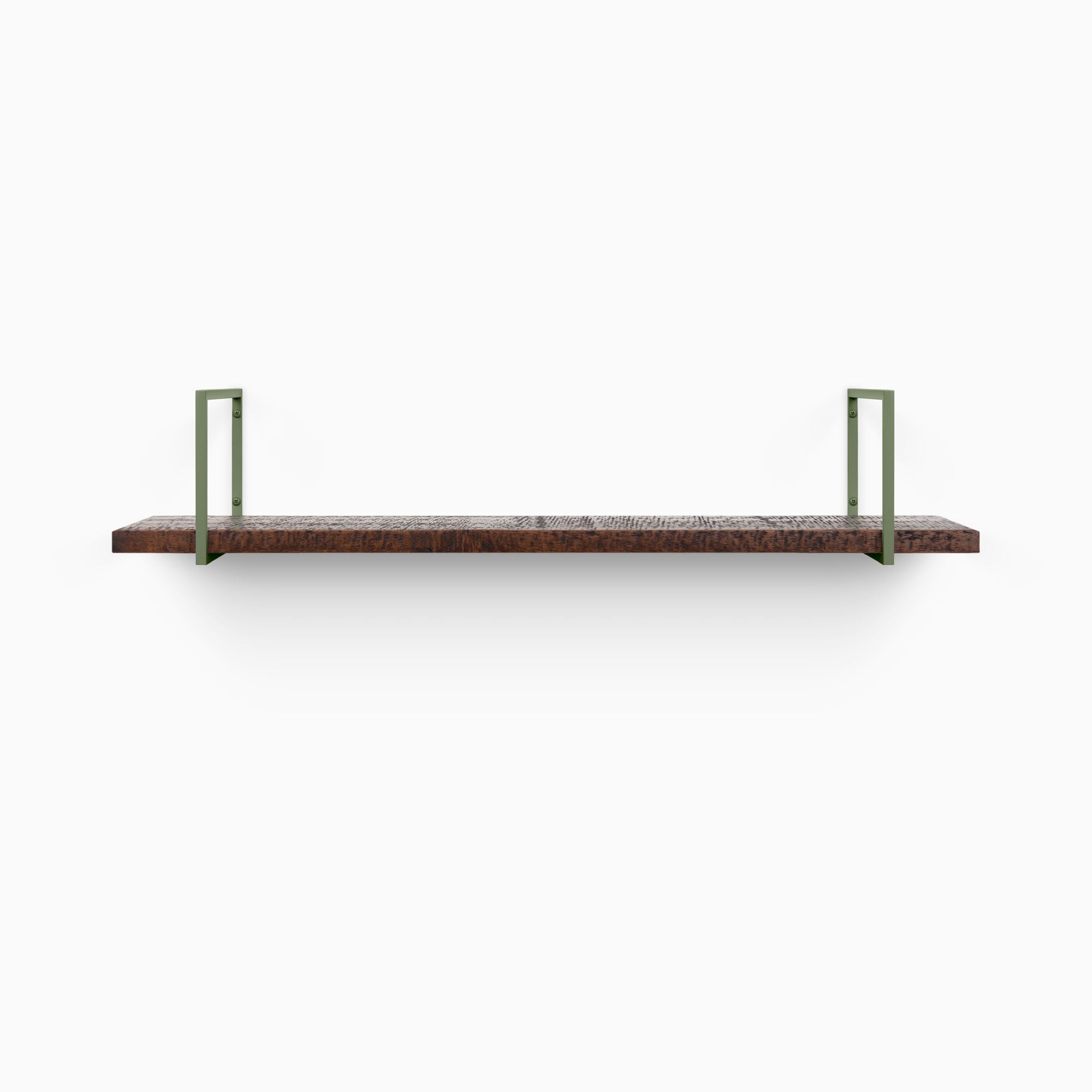 Bart Espresso Rustic Wall Shelf with textured dark wood and olive green metal floating shelf brackets for stylish display
