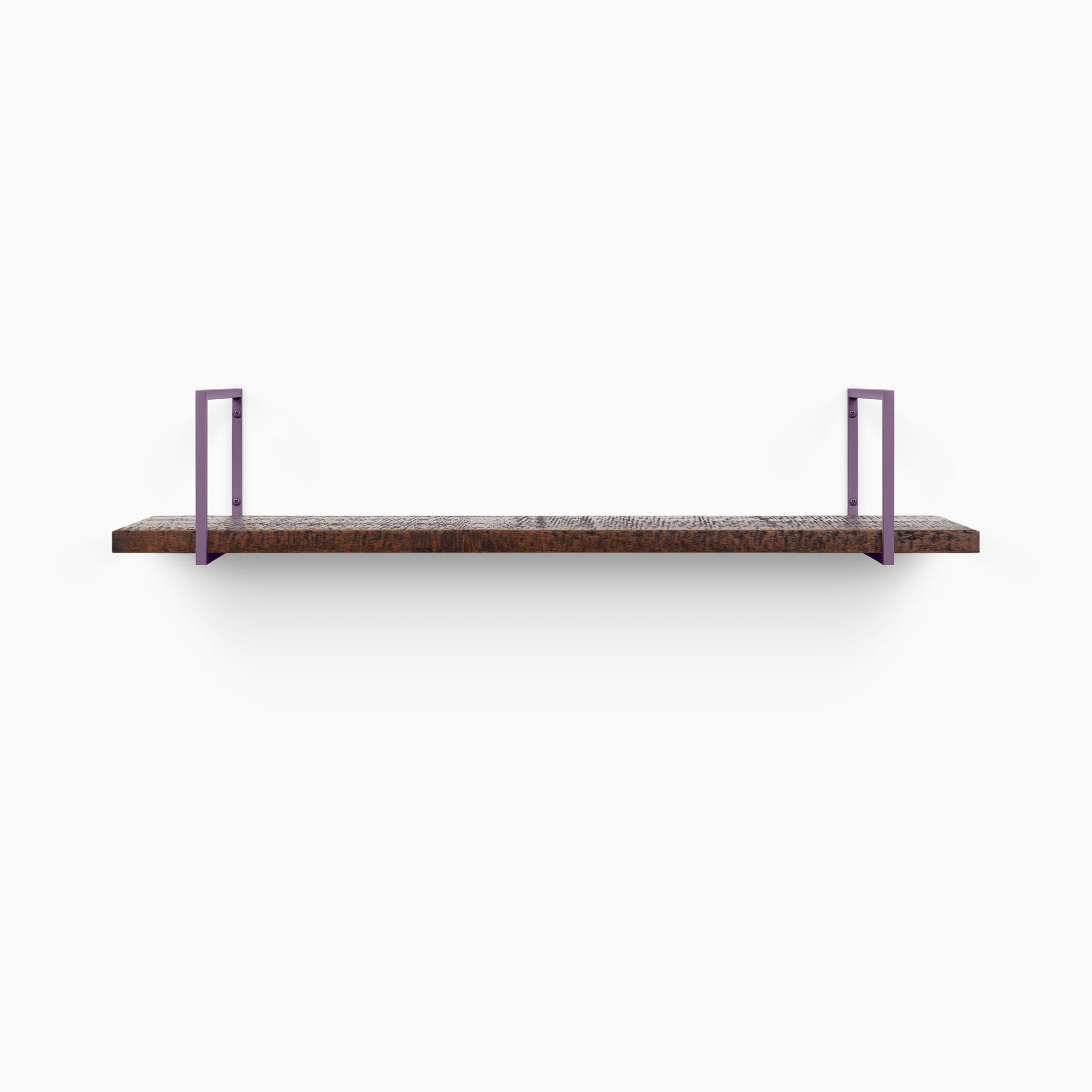Bart Espresso Rustic Wall Shelf with textured dark wood and matte purple metal floating brackets for minimalist shelf display