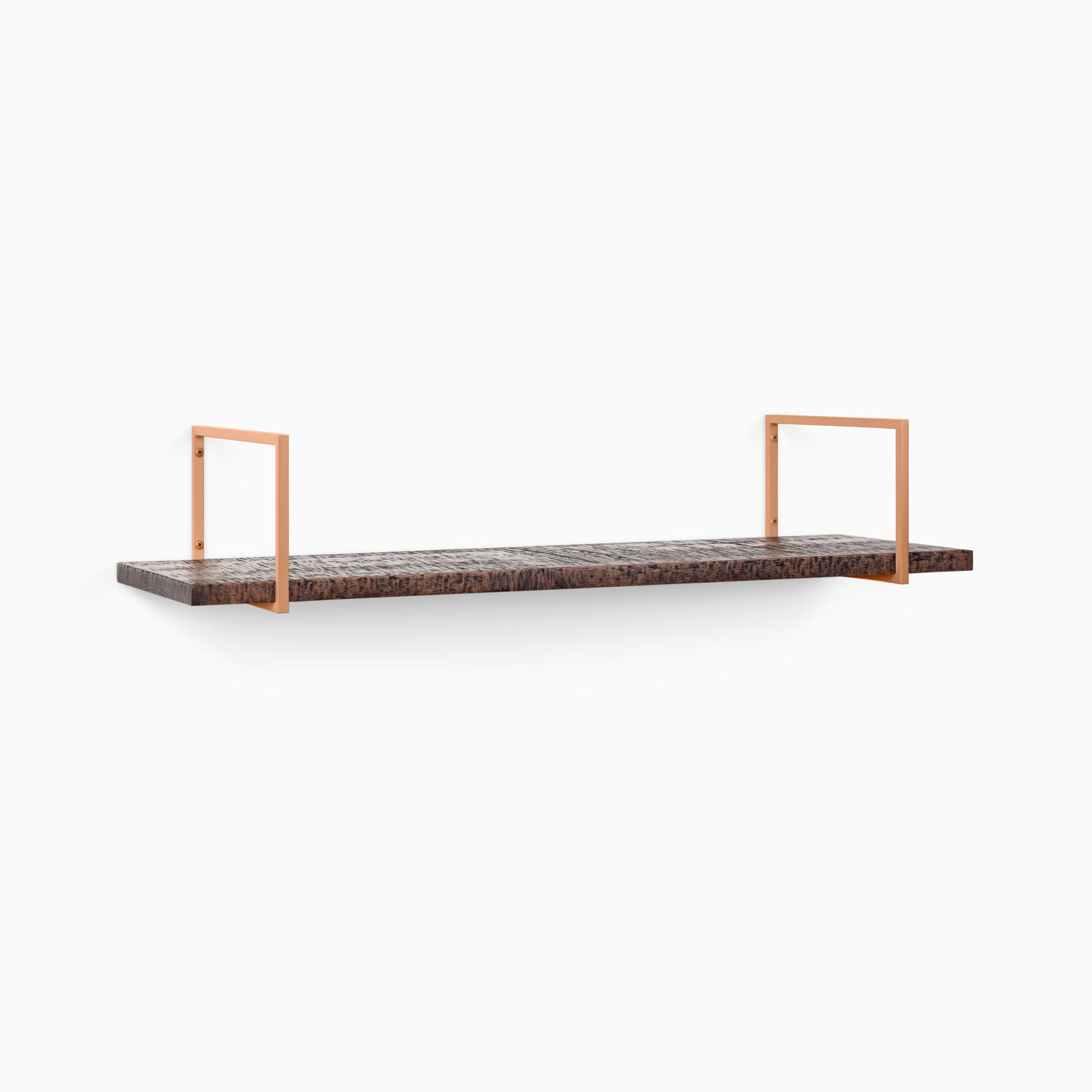 Bart Espresso Rustic Wall Shelf with textured dark wood and minimalist metal floating shelf brackets for sleek display