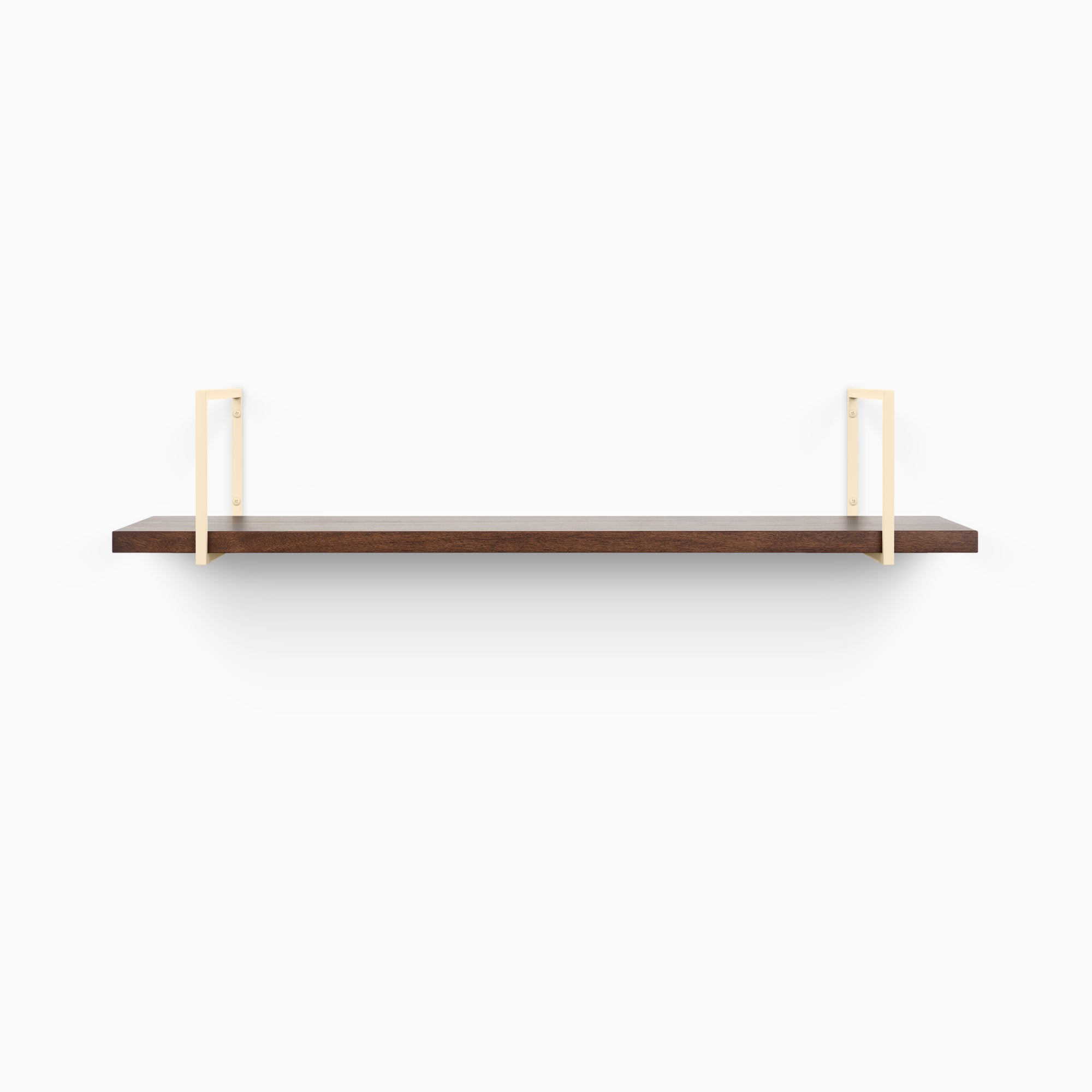 Bart Espresso Wall Shelf with dark textured wood and brass metal floating shelf brackets for refined wall organization