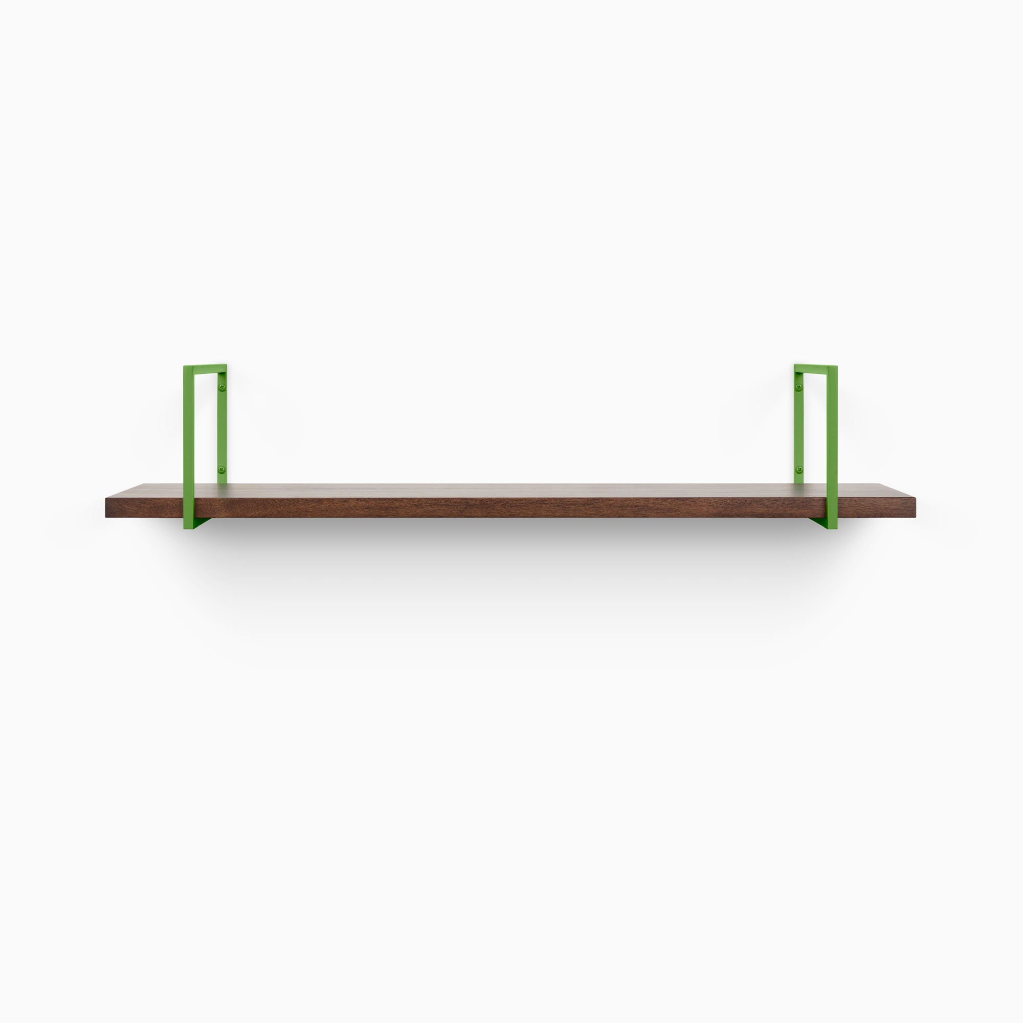 Bart Espresso Wall Shelf with rich dark wood and vibrant green metal floating shelf brackets for sleek, modern display