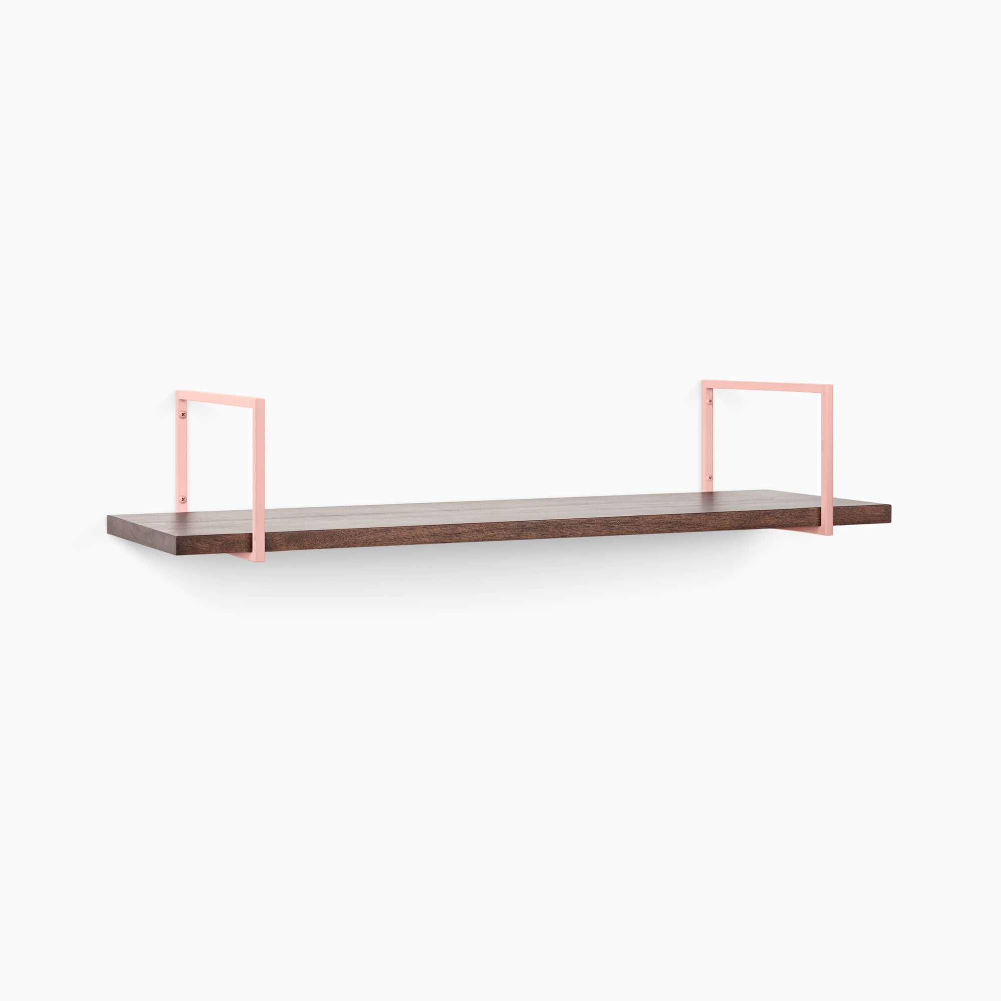 Bart Espresso Wall Shelf with textured dark wood and soft pink metal floating shelf brackets for a subtle minimalist display