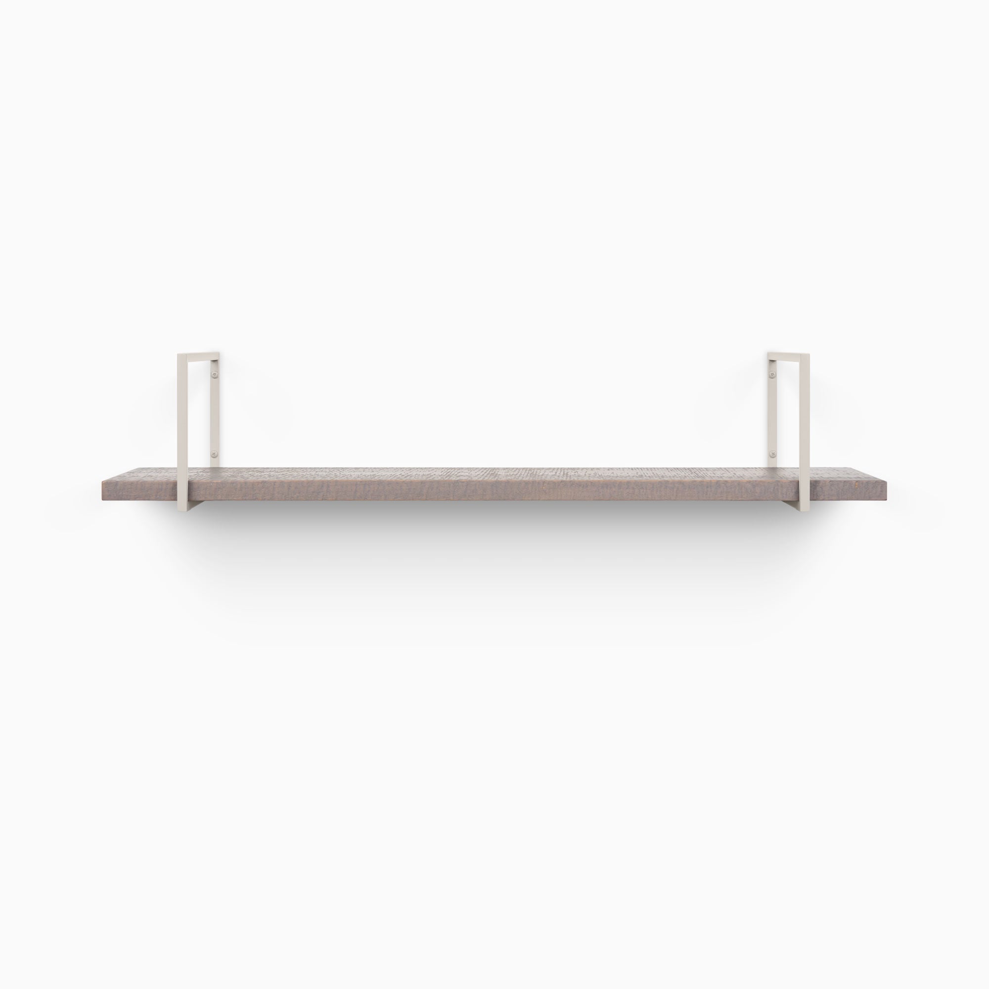 Bart Hatch Grey Rustic Wall Shelf with textured grey wood and minimalist light taupe metal floating shelf brackets for sleek display