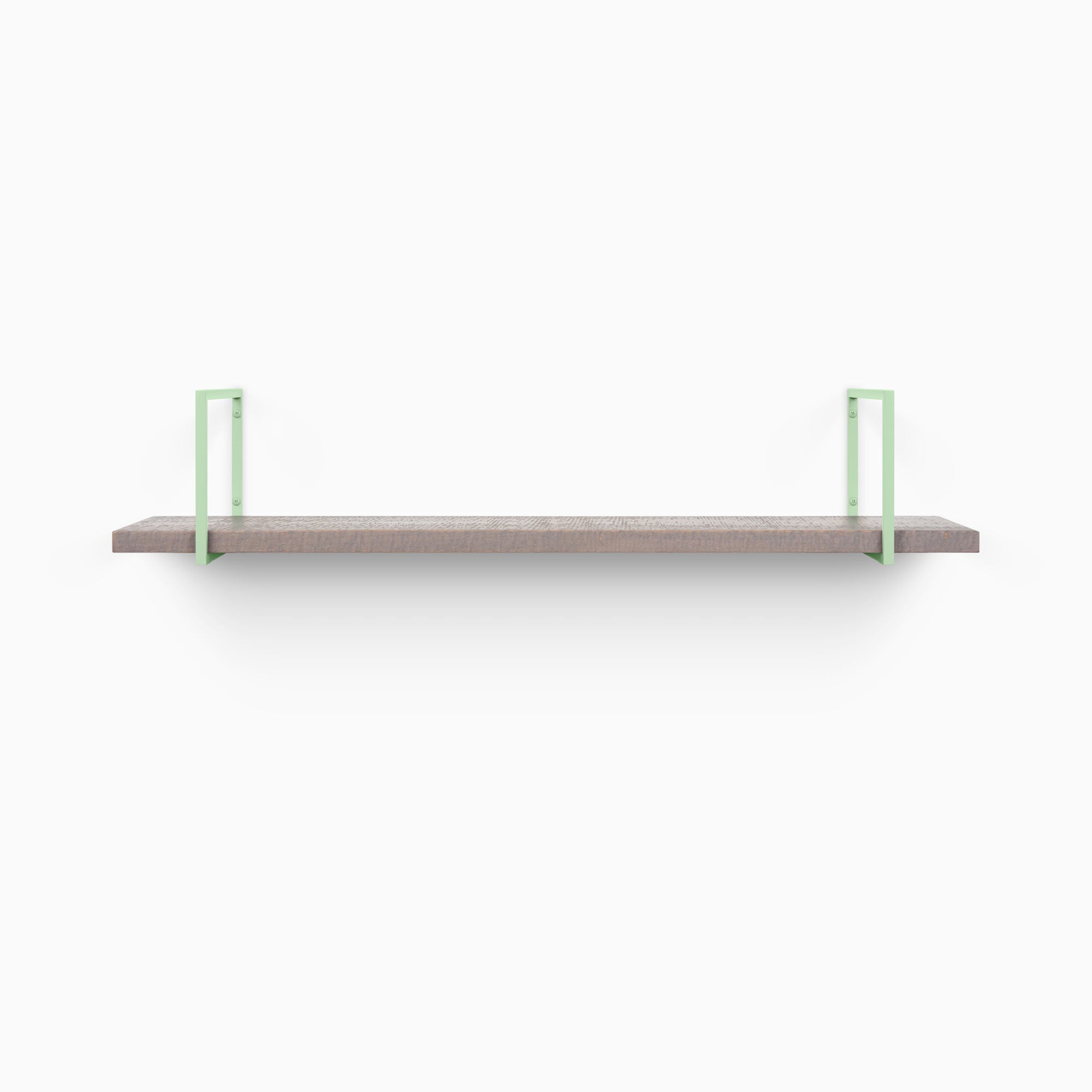 Bart Hatch Grey Rustic Wall Shelf with textured grey wood and light green metal floating shelf brackets for modern display