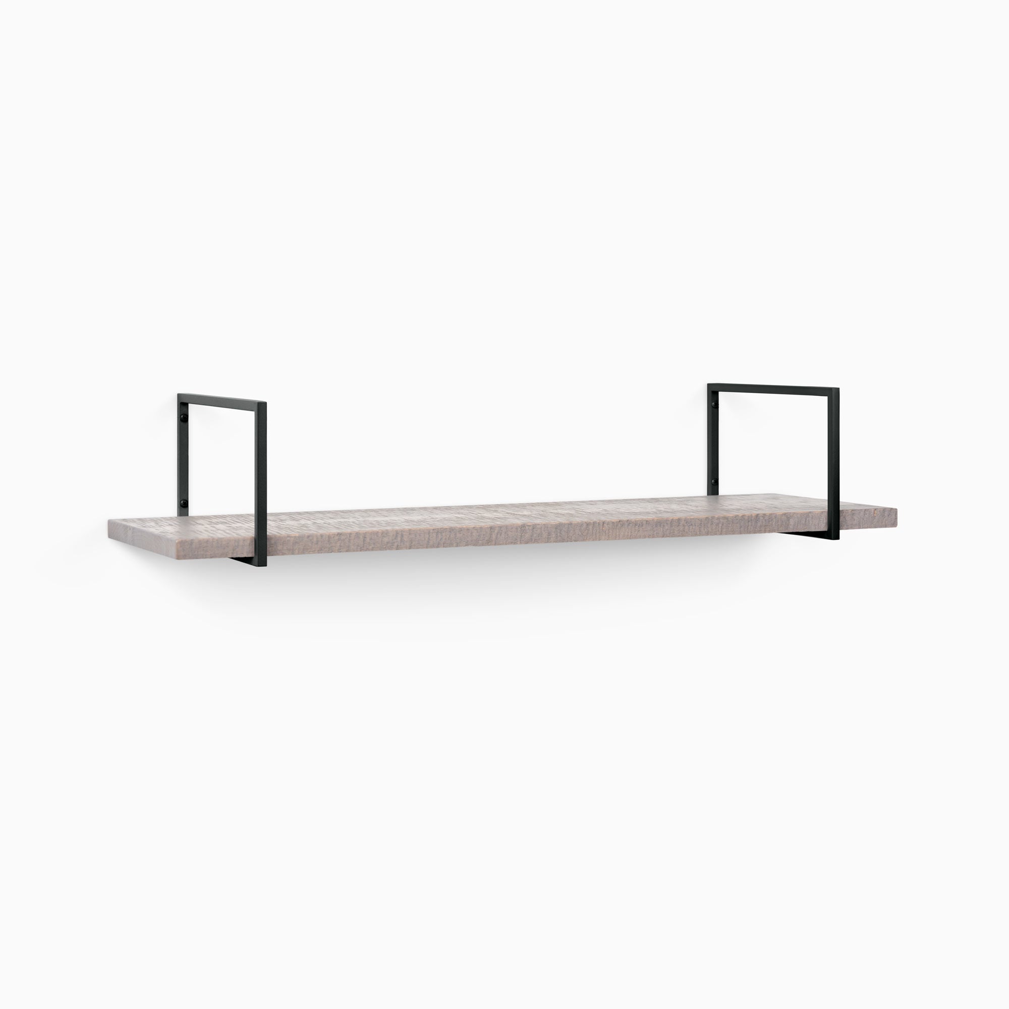 Bart Hatch Grey Rustic Wall Shelf with textured grey wood and sleek black metal floating shelf brackets for minimalist wall display
