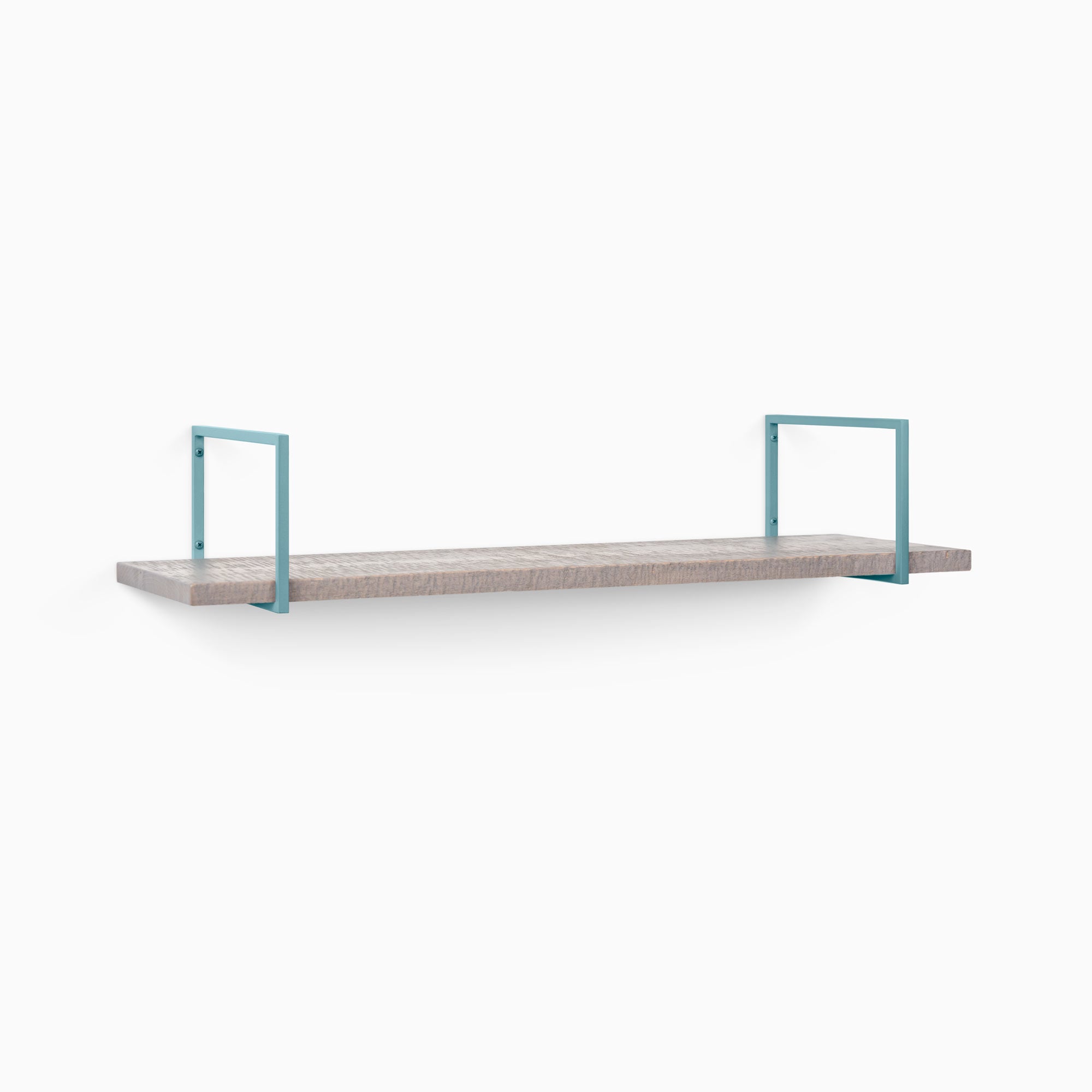 Bart Hatch Grey Rustic Wall Shelf with textured grey wood and teal metal floating shelf brackets for modern wall display