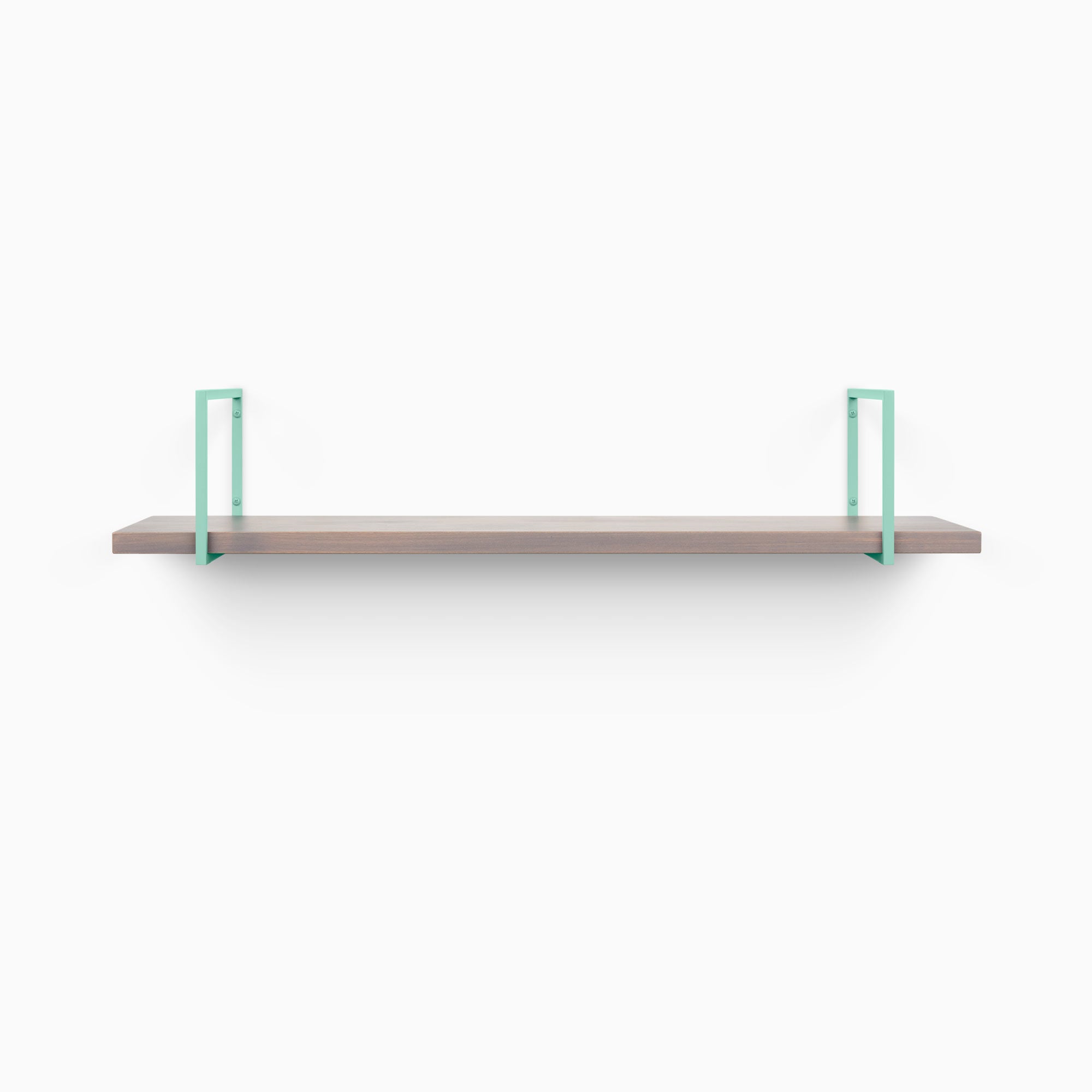 Bart Hatch Grey Wall Shelf with smooth grey wood and minimalist mint green metal floating shelf brackets for modern display