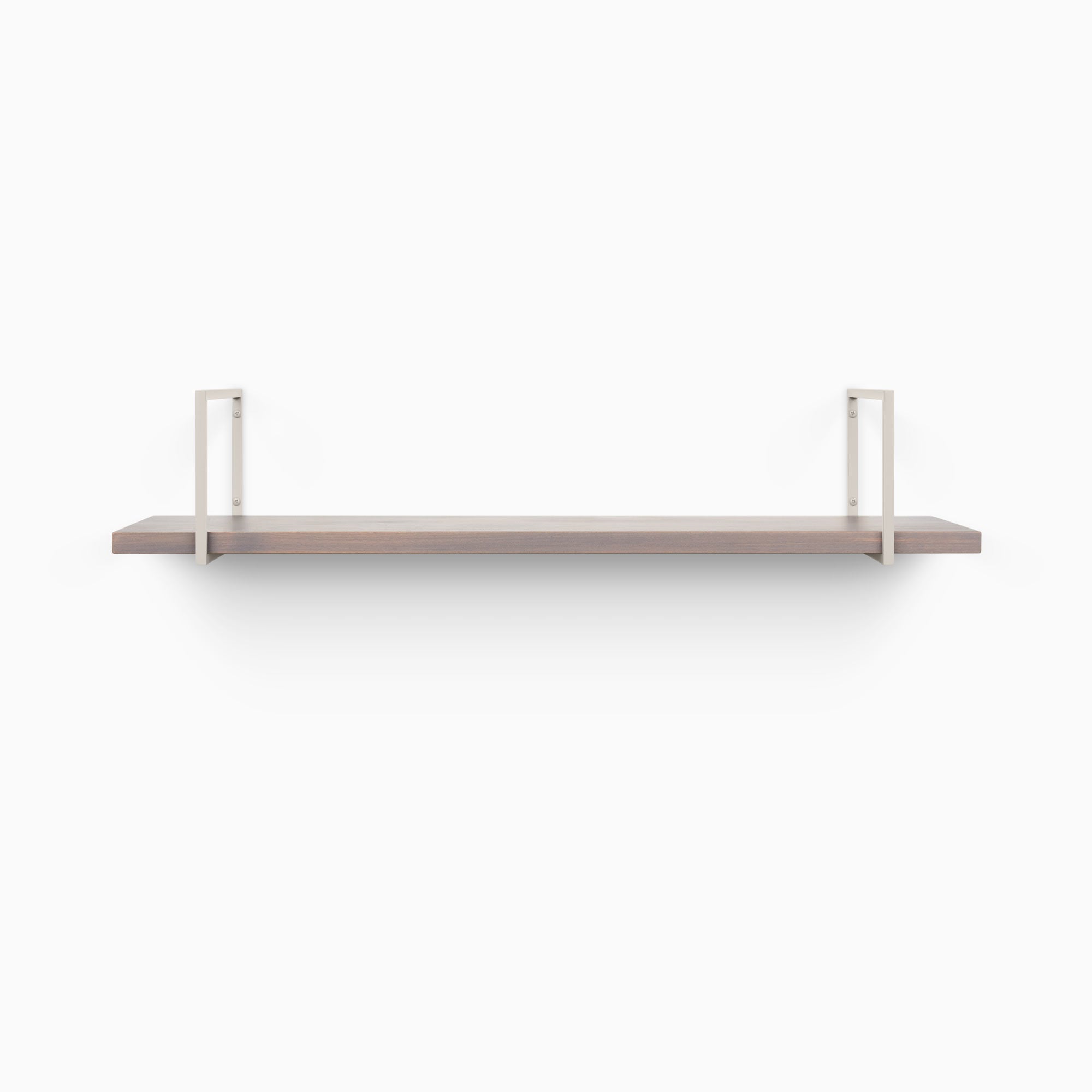 Bart Hatch Grey Wall Shelf with smooth grey wood and minimalist light taupe metal floating shelf brackets for sleek display