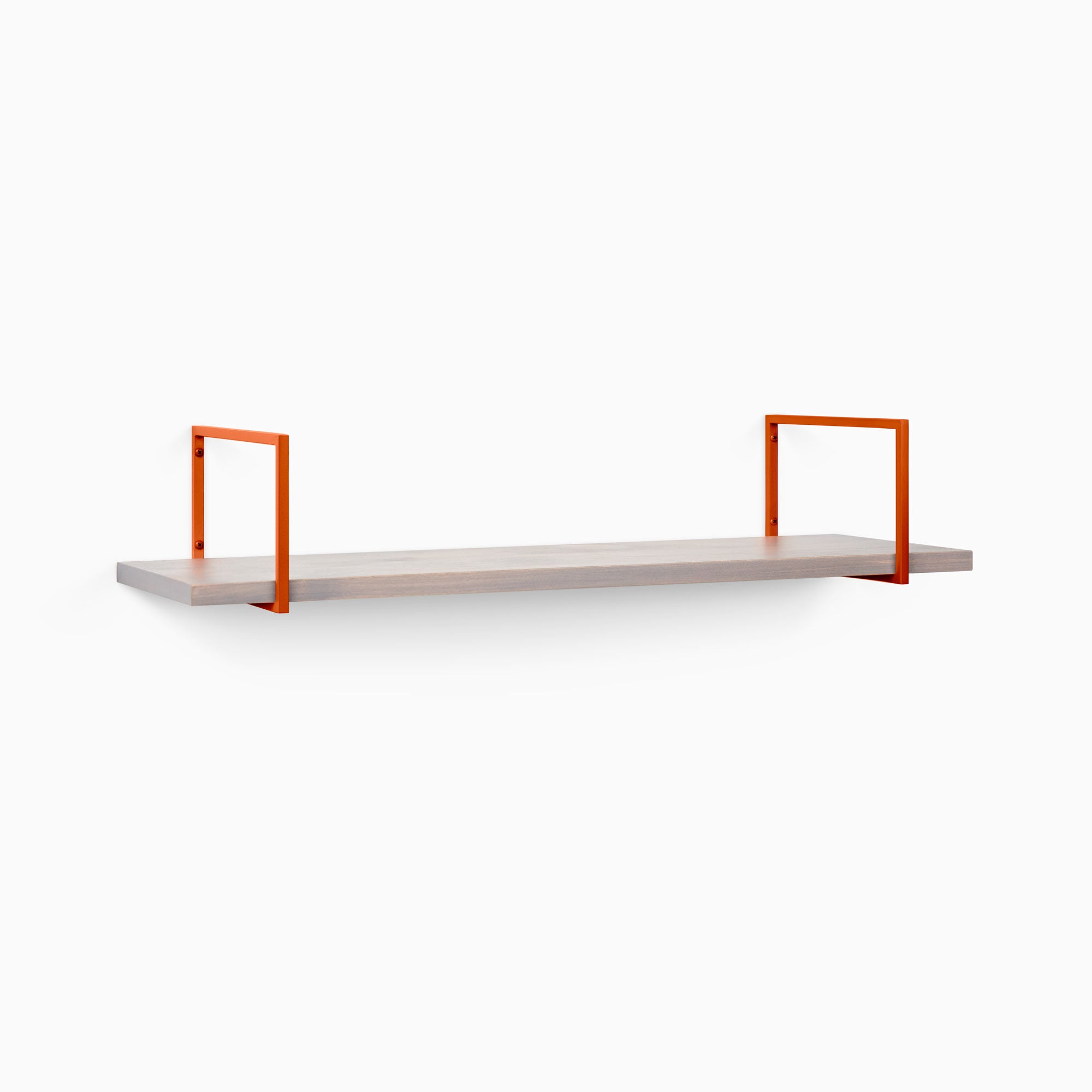 Bart Hatch Grey Wall Shelf with smooth grey wood and bold orange metal floating shelf brackets for modern wall organization